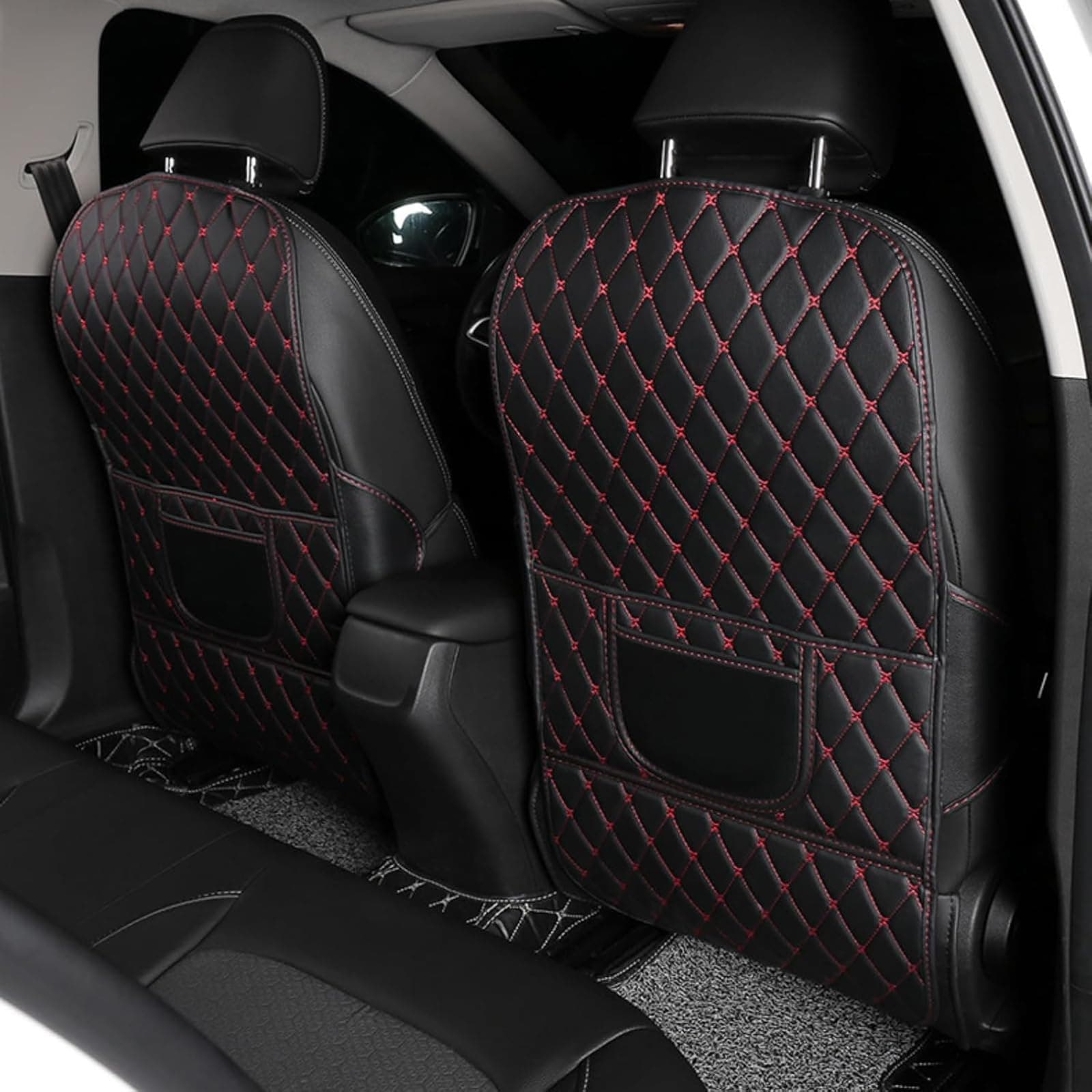 Car Seat Back Protectors for Honda CR V Hybrid 2019-2022 2023 2024 2025 RW, 2 Pcs Car Seat Kick Mat, Leather Backseat Kick Guard Seat Saver with Organiser Pocket, C-Red+Black-2pcs