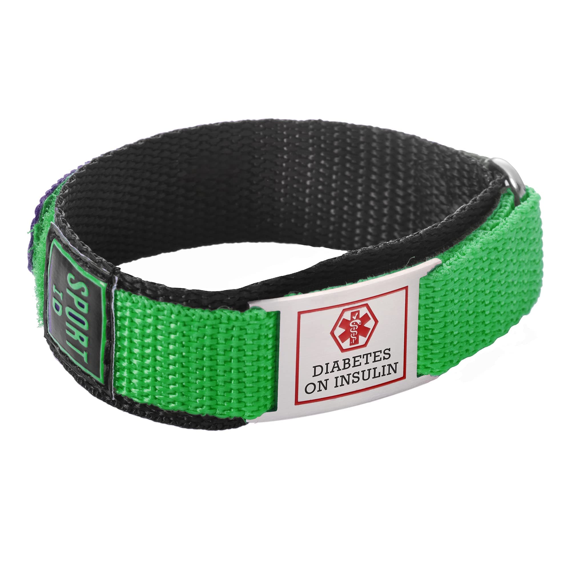 LinnaLove 7.5" Green Sport Medical id bracelet Nylon band, waterproof, breathable-DIABETES ON INSULIN