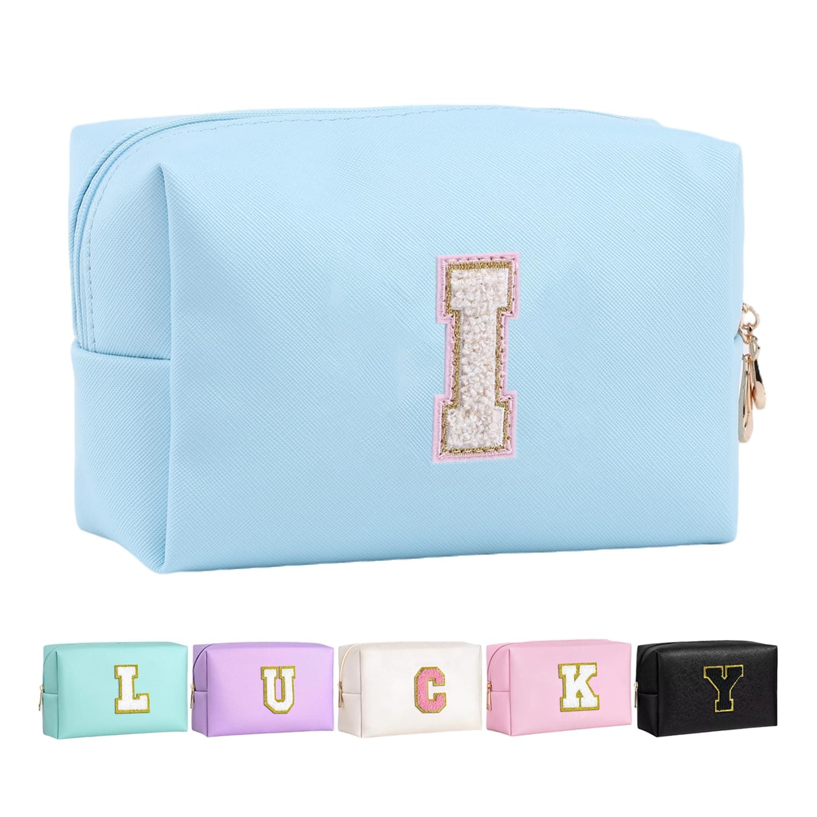 Makeup Bag for Girls and Women,Personalized Initial Makeup Bags Waterproof PU Leather Zipper Travel Organizer Toiletry Cosmetic Bag Makeup Pouch Birthday Gifts, Azure-pink, I