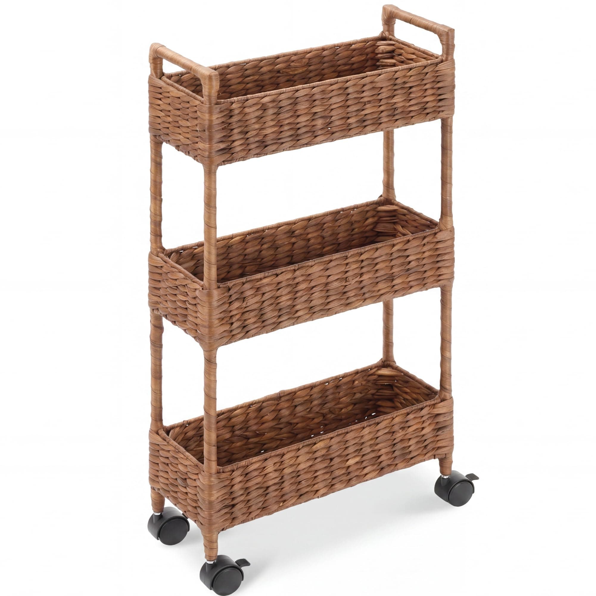 Best Choice Products 3-Tier Slim Water Hyacinth Rolling Nursery Caddy w/Wheels, Handwoven Utility Cart, Narrow Storage Organization for Bathroom, Craft Room, Laundry Room - Chestnut