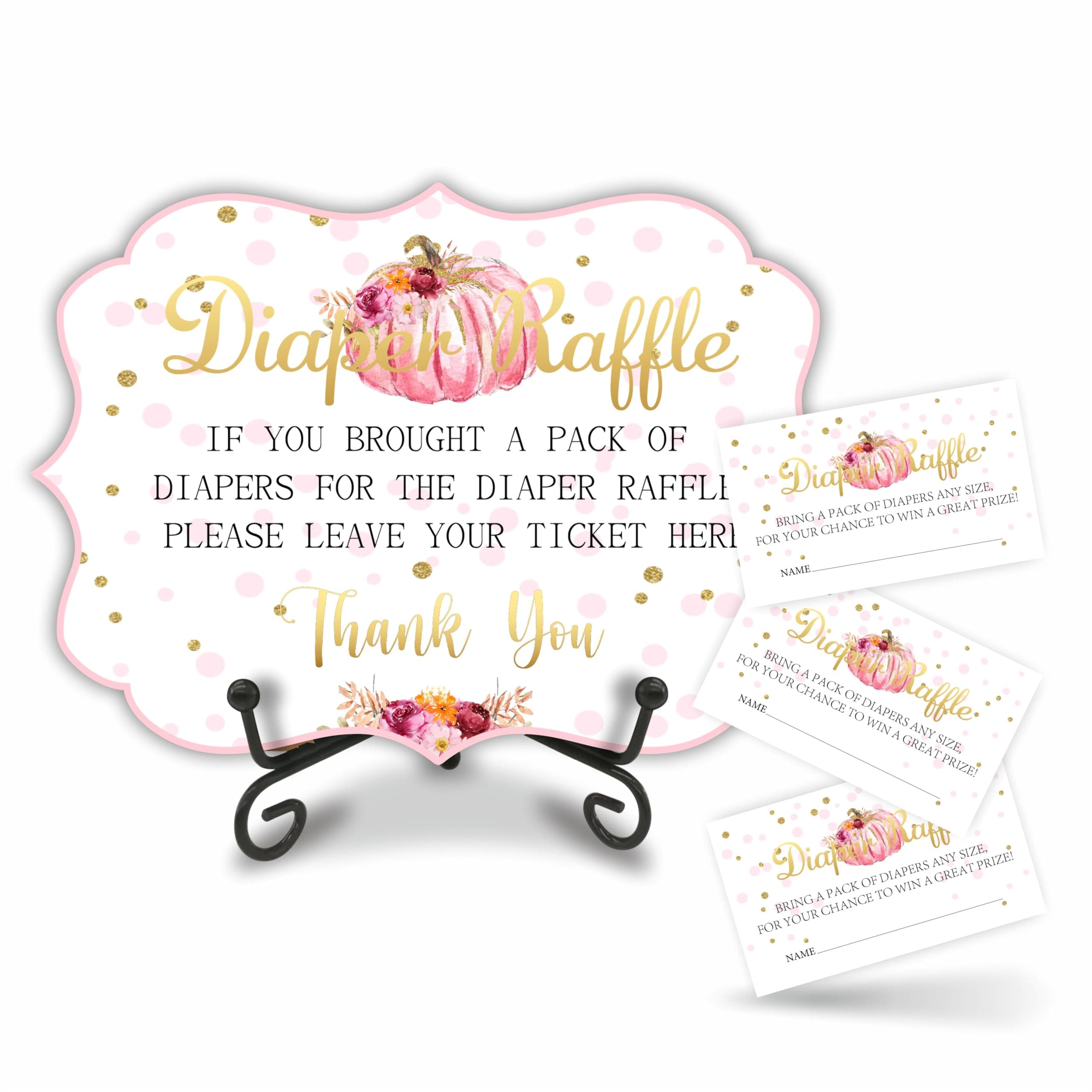 Autumn Diaper Party Game Set,Pink Pumpkin,50 Pcs Diaper Raffle Tickets, 1 Wooden Sign & 1 Iron Stand, Gender Neutral Baby Shower Game Kit For Boys & Girl, Newborn Baby, Party Favor & Supplies - B09