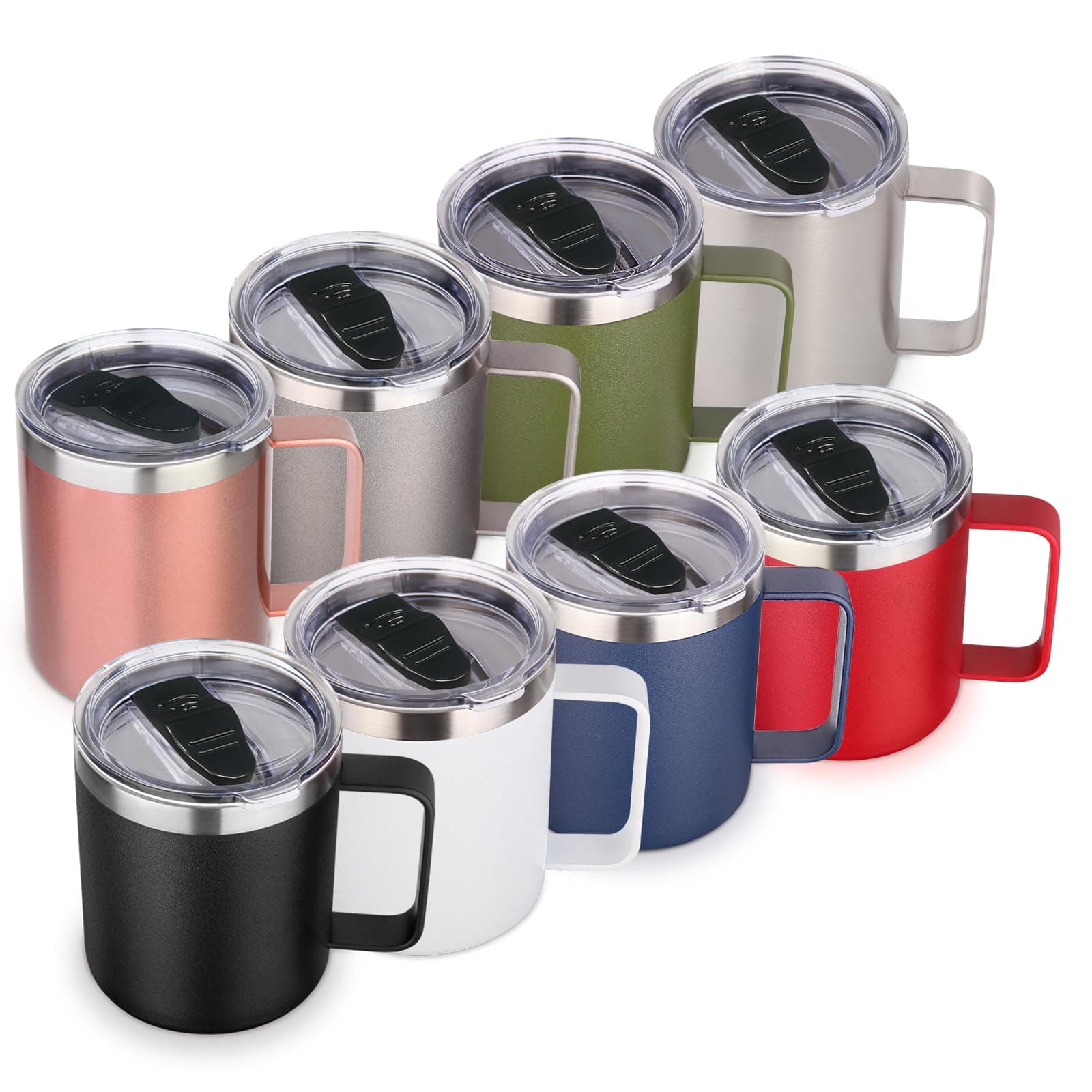 Volhoply 14oz Insulated Stainless Steel Coffee Mug with Lid Bulk 8 Pack,Double Wall Vacuum Travel Coffee Cup with Handle,Reusable Metal Cups Tumbler,Camping Mugs Keep Hot/Cold(Mix,8)