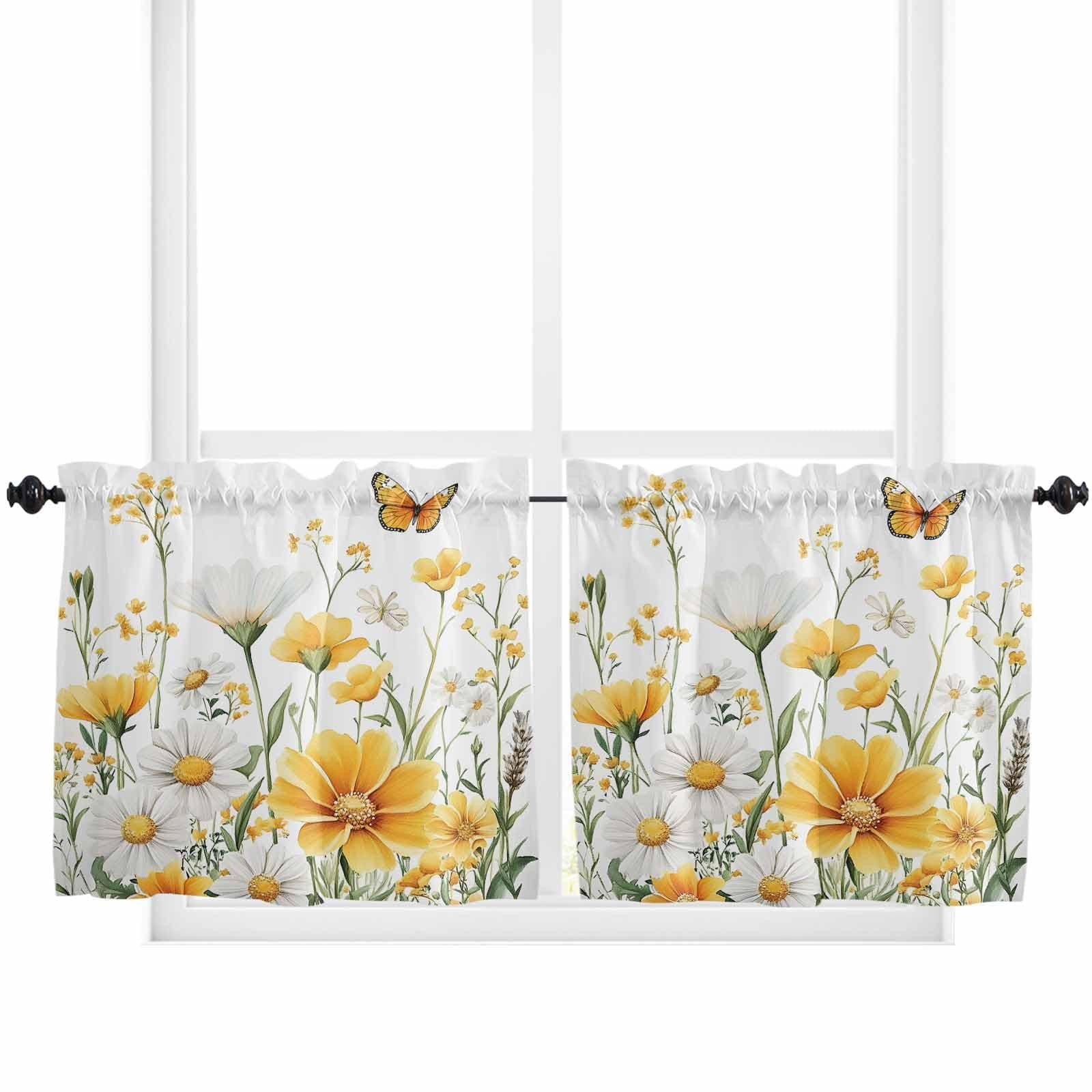 Tier Curtains 24 Inch Length, Spring Flower White Yellow Daisy Floral Butterfly Country Rod Pocket Short Kitchen Curtains 2 Panels, Farmhouse Window Treatment Tiers for Cafe Bathroom, 27.5”x24”
