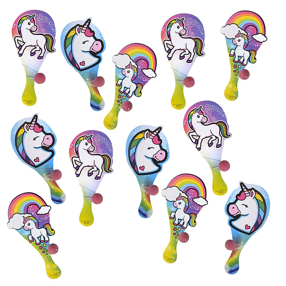 The Dreidel Company Unicorn Paddle Ball, Paddle Ball with String, Party Favor, Indoor/Outdoor Toy, 9" (12-Pack)