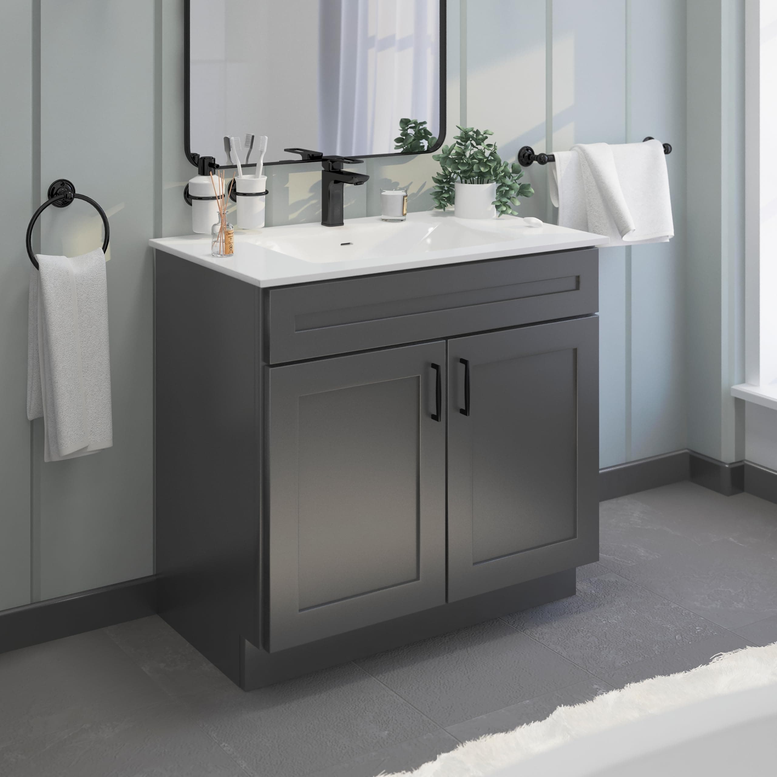 36" Grey Shaker Bathroom Vanity Base – Ready-to-Assemble Bathroom Sink Cabinet, Freestanding Vanity Base Only, RTA Bathroom Cabinet, No Top or Sink