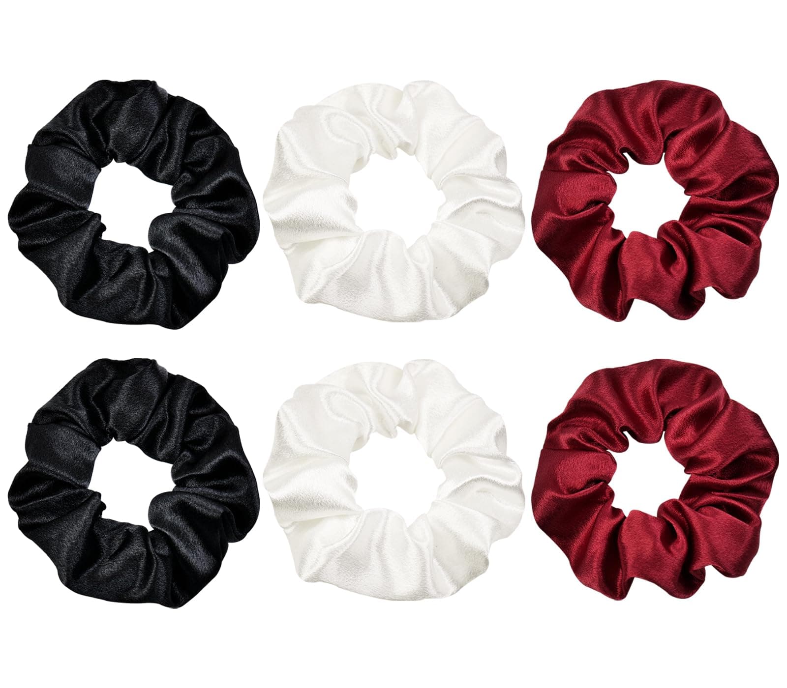 JGQUR 6-Pack Satin Hair Scrunchies for Women - Medium Soft Elastic Hair Ties Ponytail Holders for Girls Hair - Hair Accessories for Yoga, Sleep, and Everyday Use, Black, White, Red (2 Each)