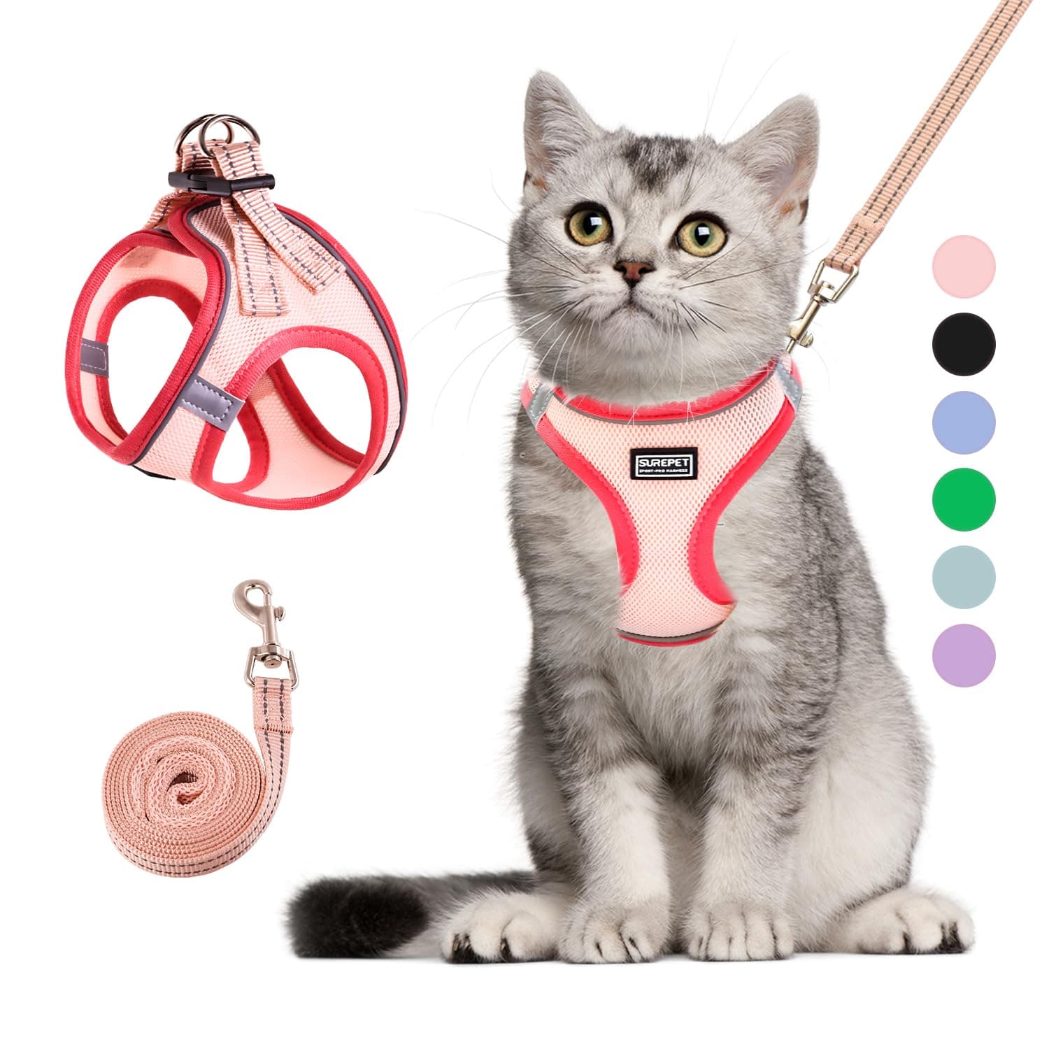 Betmaypet Cat Harness and Leash Set, Soft and Breathable Vest with Reflective Strip, Escape Proof Kitten Harness, Easy to Wear for Cats Walking and Traveling (Pink, L)