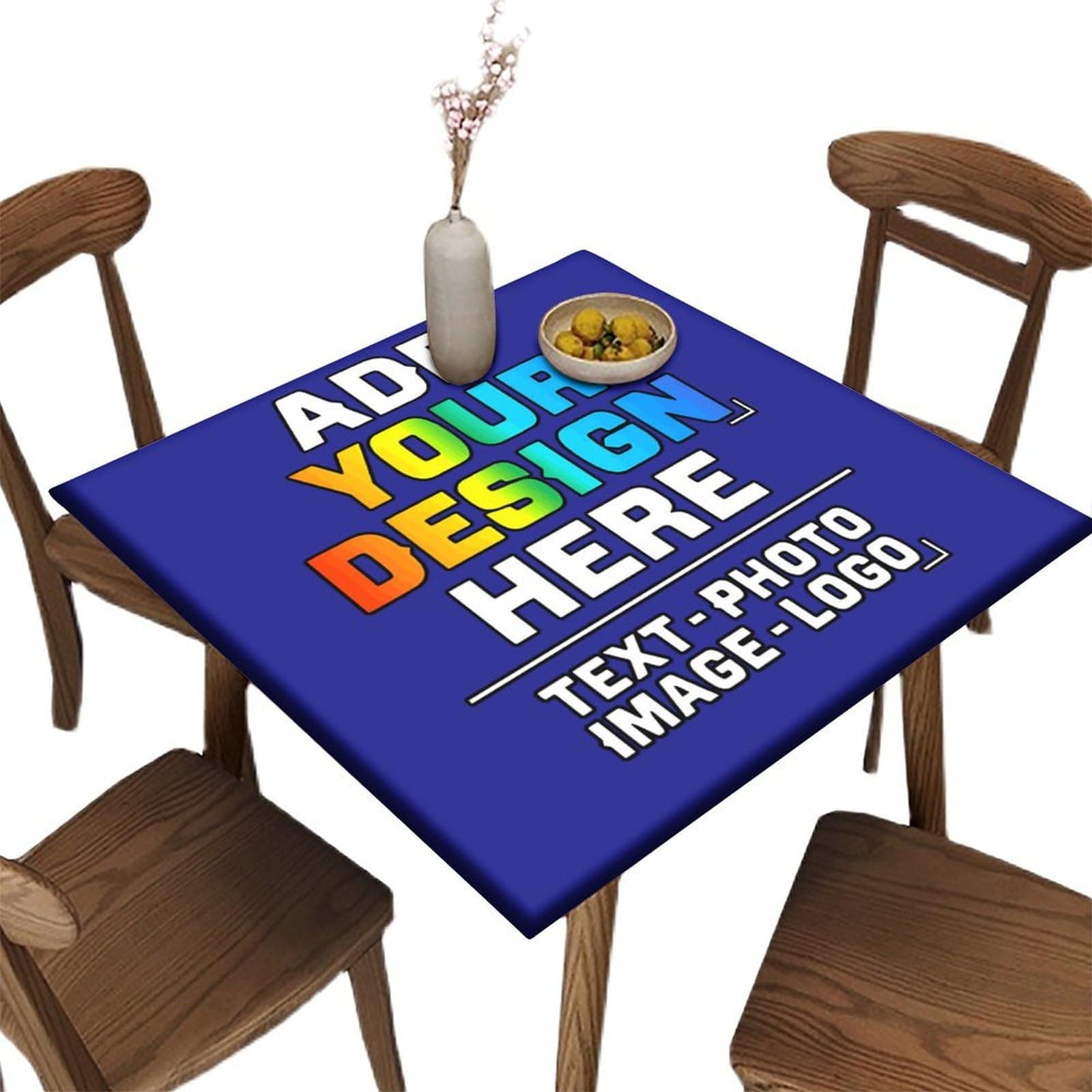 Pzwqkyn Custom Square Fitted Tablecloth, Customizable Add Your Picture Text Name Personalized Table Cover with Elastic Edge, for Wedding Banquet Picnic Party Use, Dark Blue, Fits 28x28 in Table