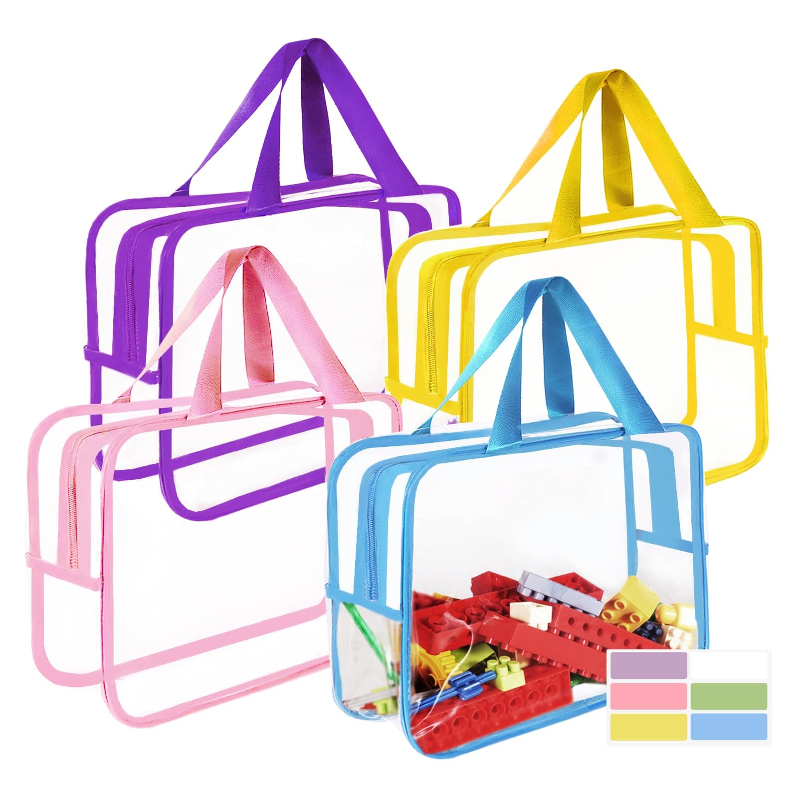 Jiejieko 4 Pcs Toy Storage Bags, Clear PVC Toy Organizer with Zipper, Waterproof Travel Bags with Labels for Building Blocks, Puzzle, Kids Books (multicolor1)