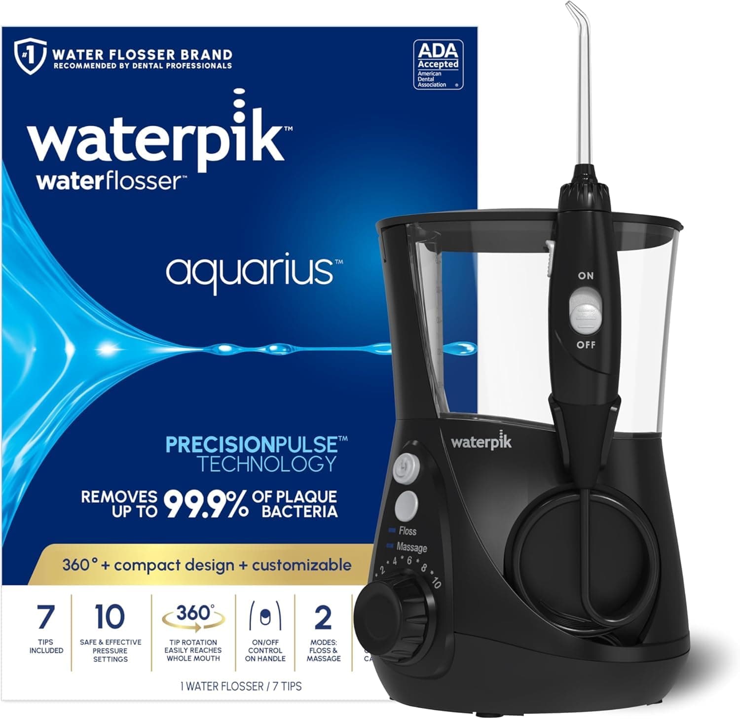 Waterpik Aquarius Water Flosser For Teeth Cleaning, Gums, Braces, Dental Care, Electric Power With 10 Settings, 7 Tips For Multiple Users & Needs, CDA Validated, Black WP-662, Packaging May Vary