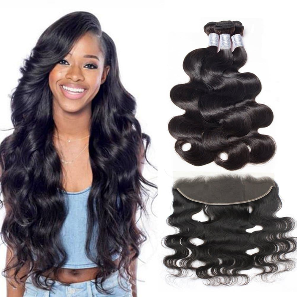 Forawme Brazilian Virgin Body Wave Hair Weave With Transparent Frontal Closure 4pcs Lot 20 20 20 With 18 Inch Lace Frontal Closure Hair Bundles 8A 1B Black