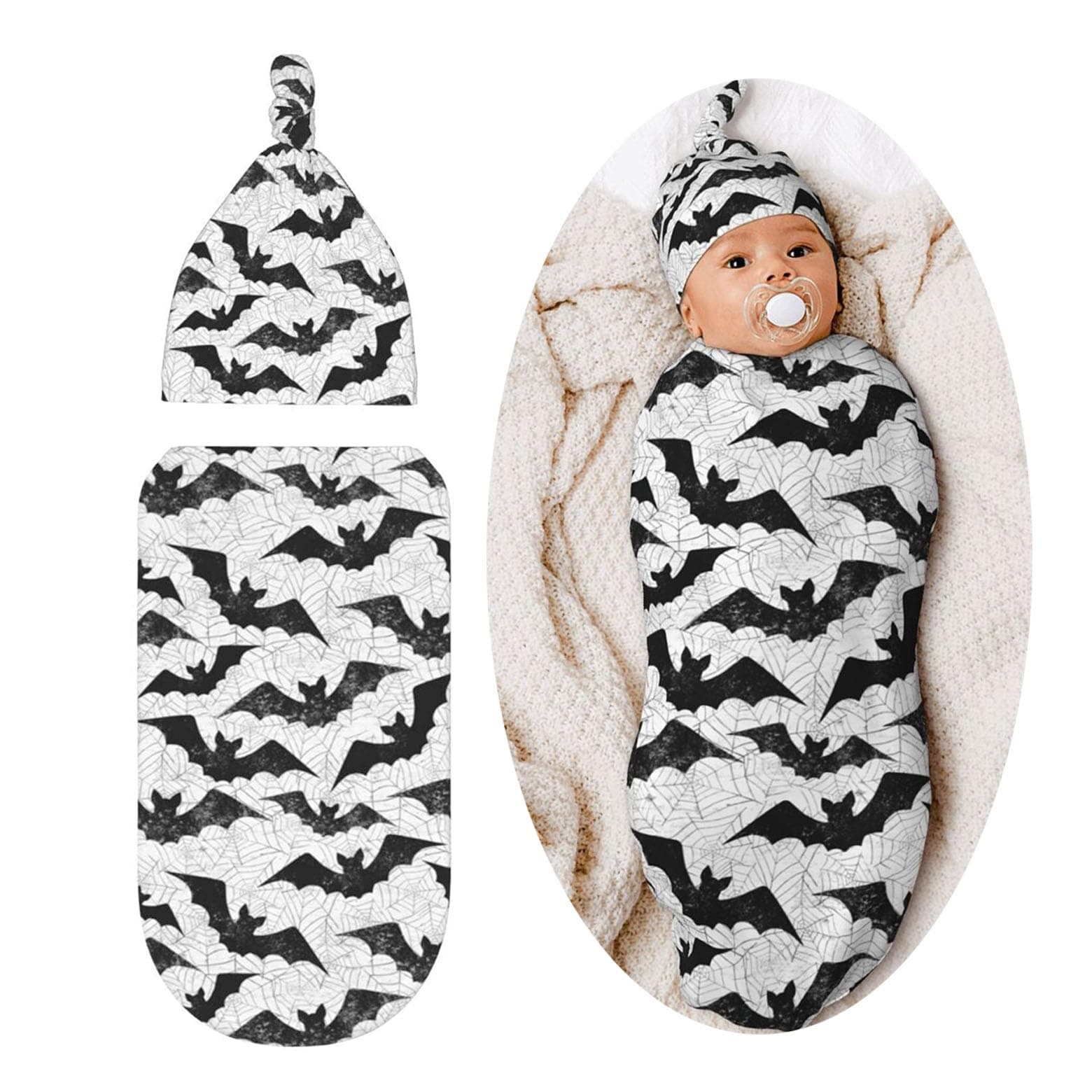 Black Bat Goth Baby Stuff Newborn Baby Swaddle Blanket Gothic Wrap Blanket Soft Sleep Sacks with Beanie Hat Sets Gifts for Infant Boys Girls