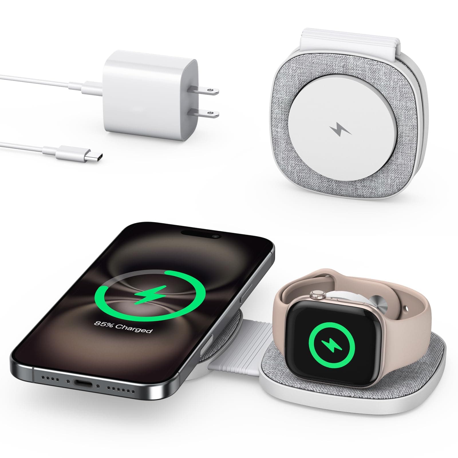 2-in-1 Foldable Charger Compatible with MagSafe iPhone, Watch & AirPods