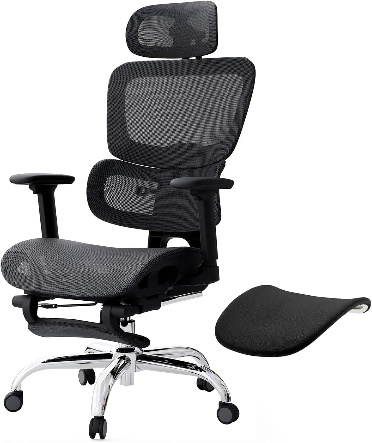 Ergonomischer Bürostuhl Voll-Mesh 150kg mit Fußstütze, Schreibtischstuhl mit Abnehmbarem Kissen, Selbstanpassende Lendenstütze, Höhenverstellbarer Rückenlehne, Kopfstütze, PU-Rolle 360°, Schwarz