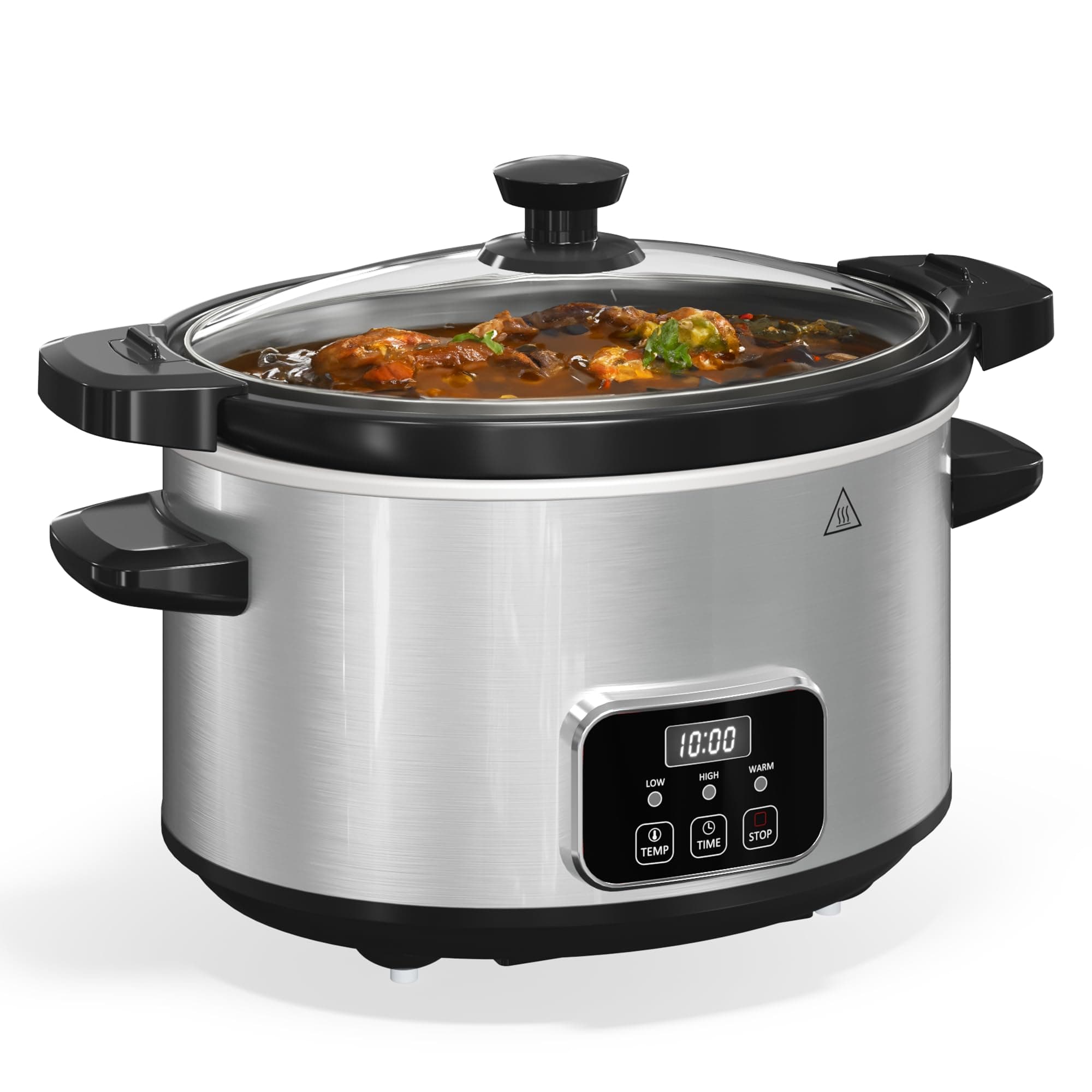 4 QT Programmable Slow Cooker, Kiss the Water Digital Slow Cooker with Locking Lid, Food Warmer with 3 Heating Modes & Timer, Dishwasher-Safe Removable Ceramic Pot & Glass Lid, Stainless Steel