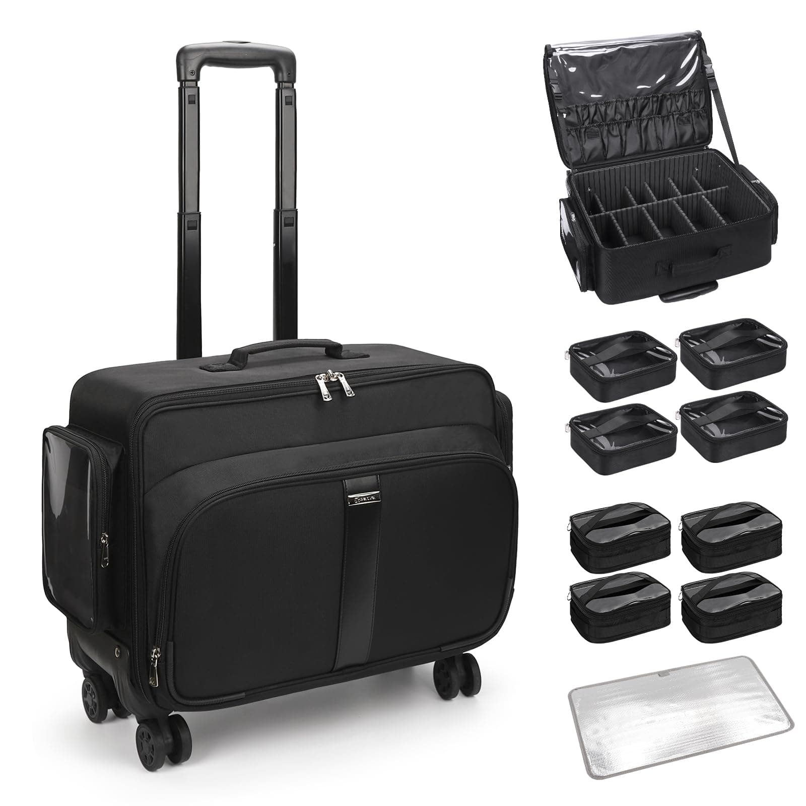Bagmoly Large Rolling Makeup Case, 03-Black with 8 clear makeup bags, XL, Modern