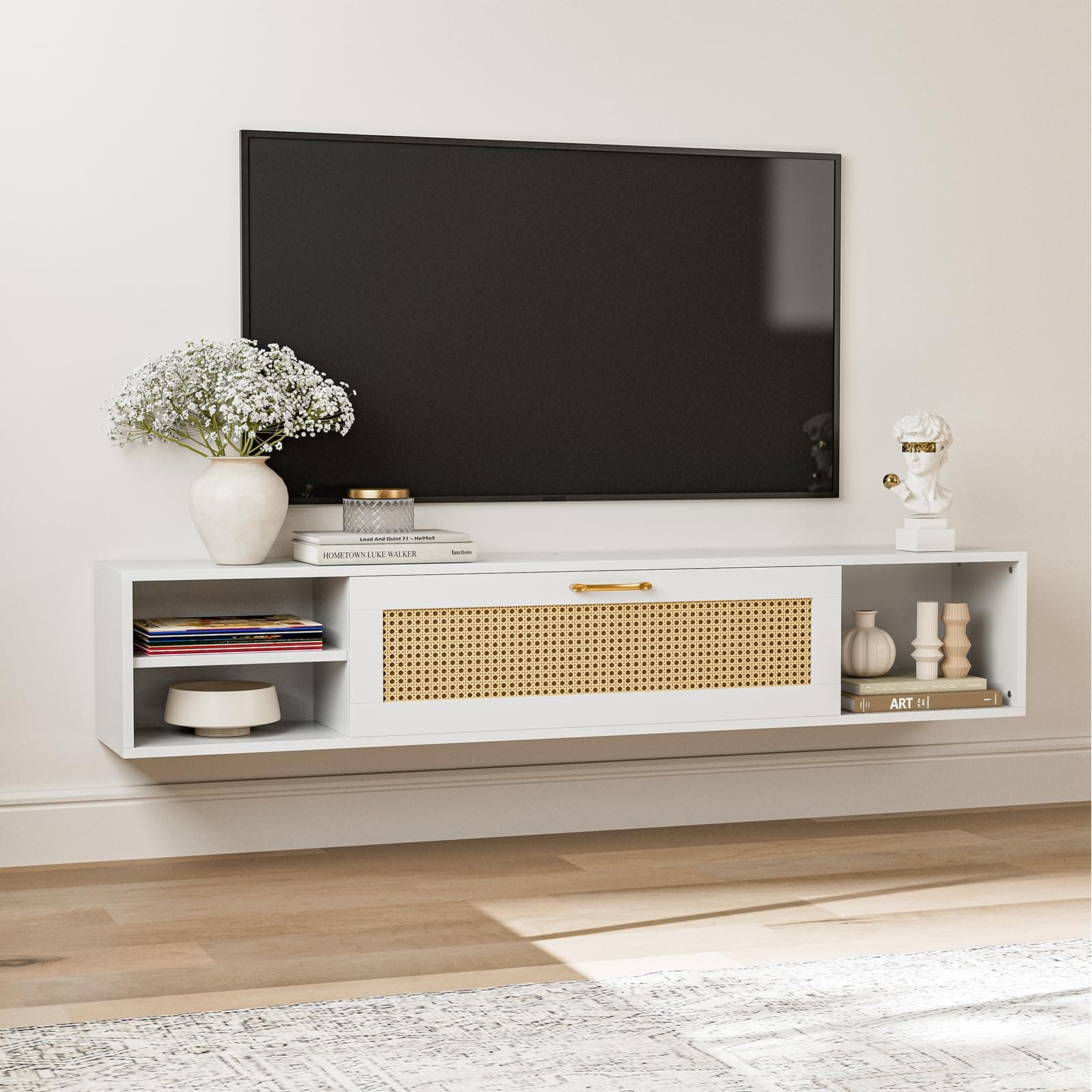 IKIFLY Floating TV Stand for 75 Inch TV, Mid Century Modern Center TV Stand w/Rattan Cabinet Door, Wall Mounted TV Cabinet, Entertainment Media Console Large Storage TV Shelfs for Living Room White