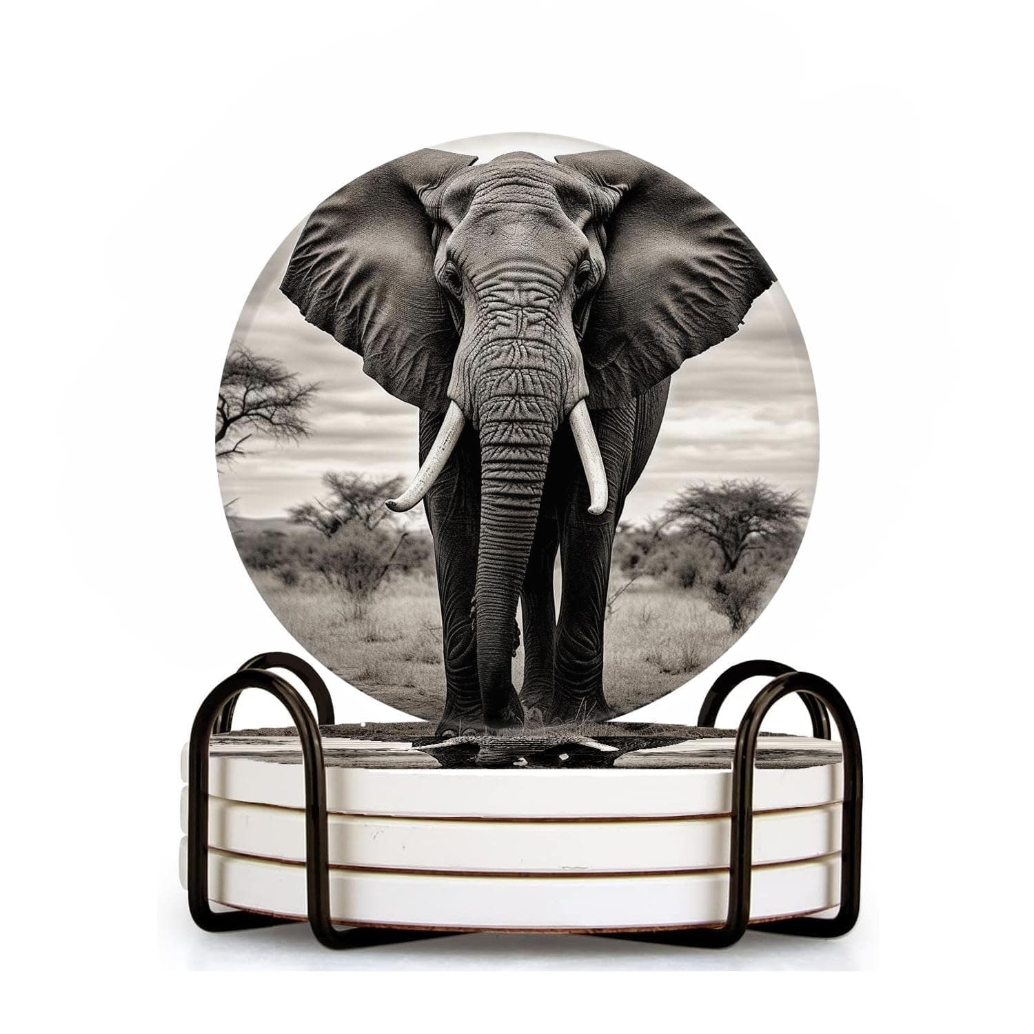 Elephant Indian Black Style Set of 4 Ceramic Coasters with Holder,Absorbent Drink Bar Coasters,Table Coasters