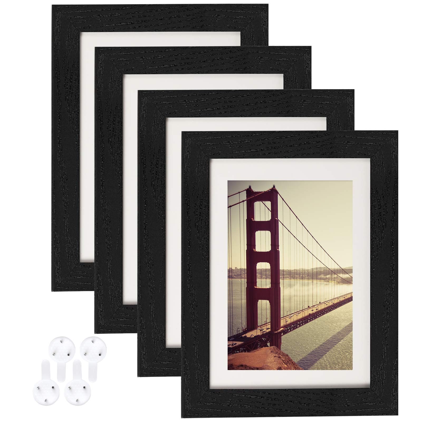 BAIJIALI 5x7 Picture Frame Black Wood Pattern Set of 4 with Tempered Glass,Display Pictures 4x6 with Mat or 5x7 Without Mat, Horizontal and Vertical Formats for Wall and Table Mounting
