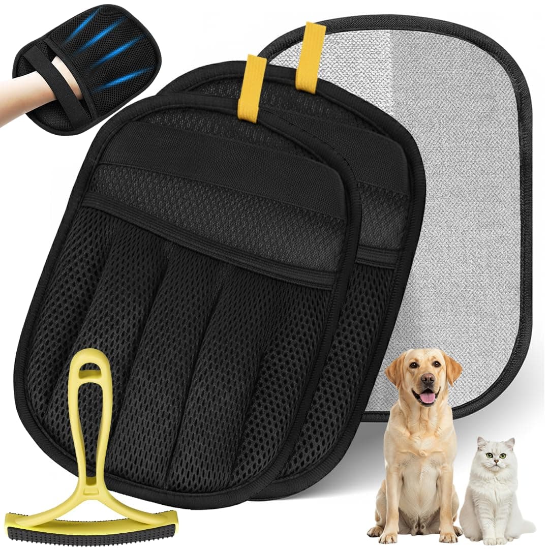 2 Pack Electrostatic Pet Hair Remover Glove with Cleaning Brush for Cats & Dogs, 2026 Upgraded Reusable 5-Finger Grooming Gloves – Magic Brush Tool for Furniture, Couch, Carpet, Car & Clothing (Black)