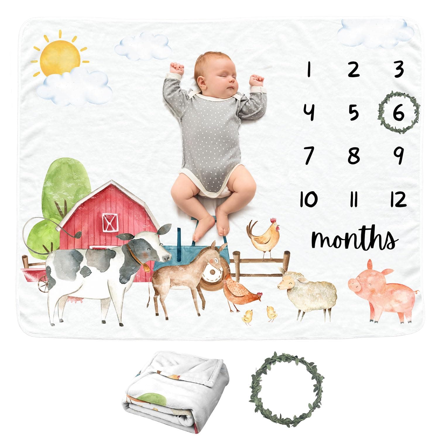 Farm Animals Baby Monthly Blanket for Boys, Cow Newborn Month Blanket, Soft Flannel Photography Background Prop, Personalized Shower Gift, Farm, Cow, Horse, Pig & Chicken