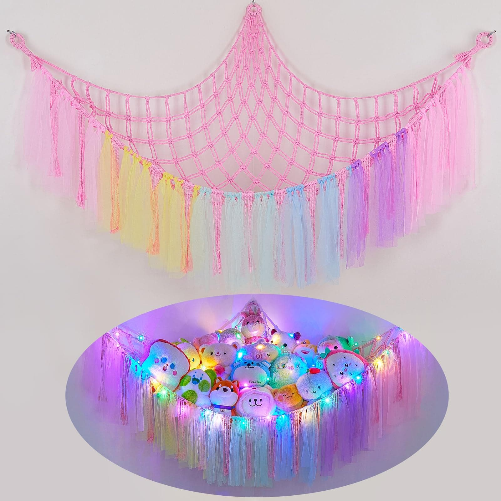 FIOBEE Stuffed Animals Net LED Light Toy Hammock for Kids Bedroom Storage