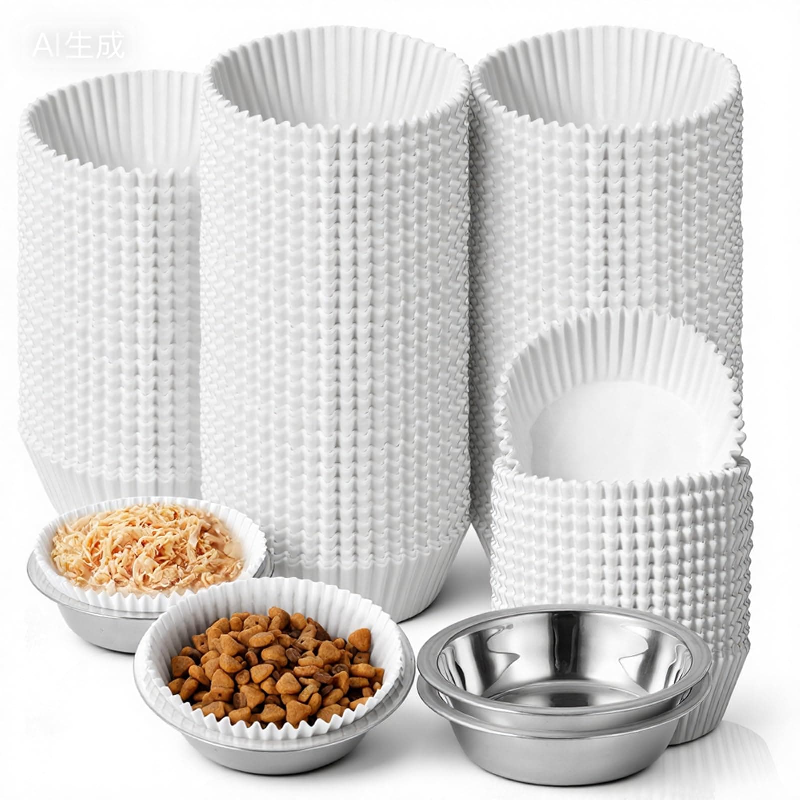 SHENLIU 500 Pcs Large Pet Disposable Feeding Bowls Liner with 4Pcs Stainless Steel Pet Bowls Cat Food Bowl Small Paper Dish Paper Liner for Small Dogs Cats Dish Wet Food Feeding Station(White)