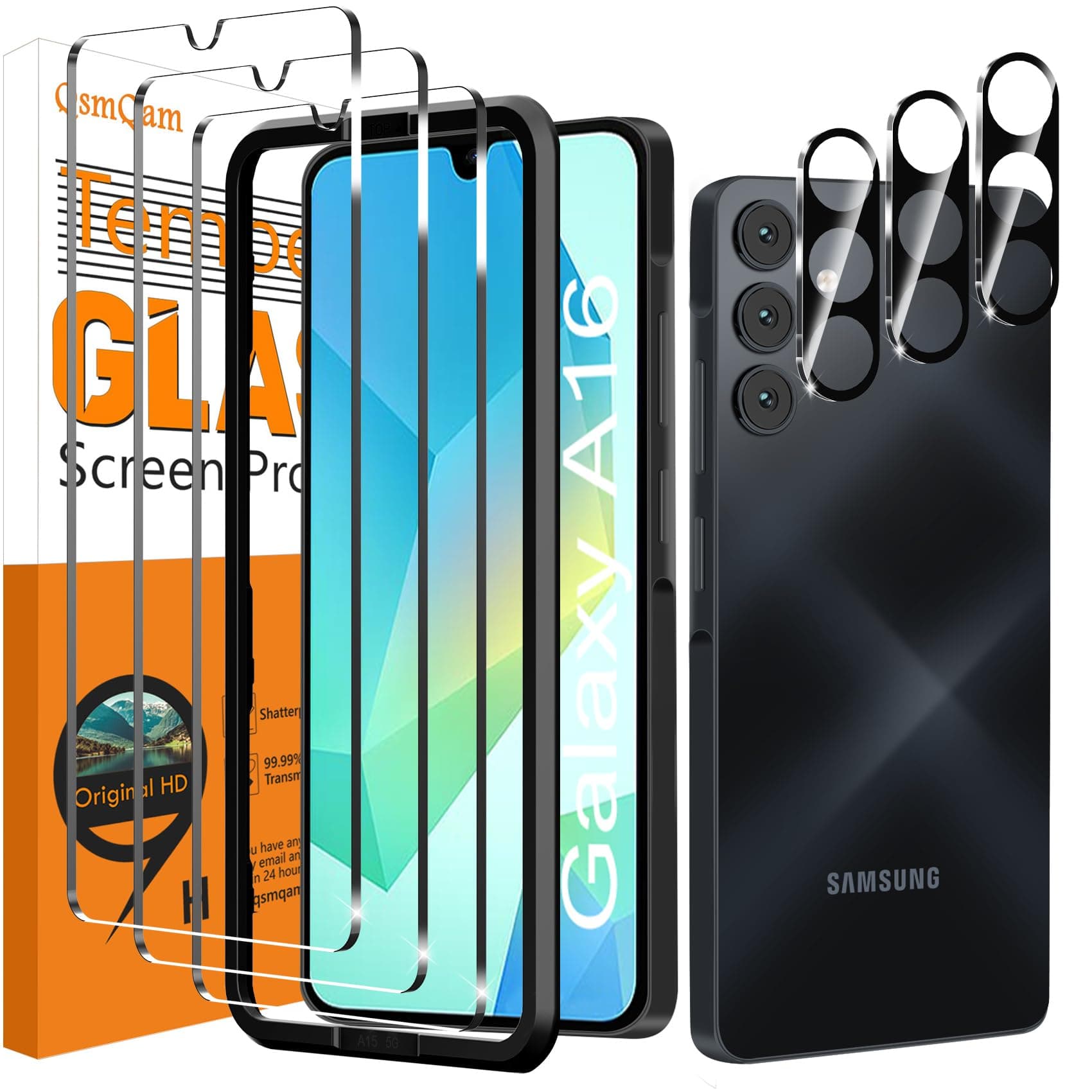 QsmQam 3 Pack Screen Protector for Samsung Galaxy A16 5G + 3 Pack Camera Lens Protector, Ultra HD Tempered Glass, 9H Hardness, Anti Scratch, Easy Installation - Case Friendly