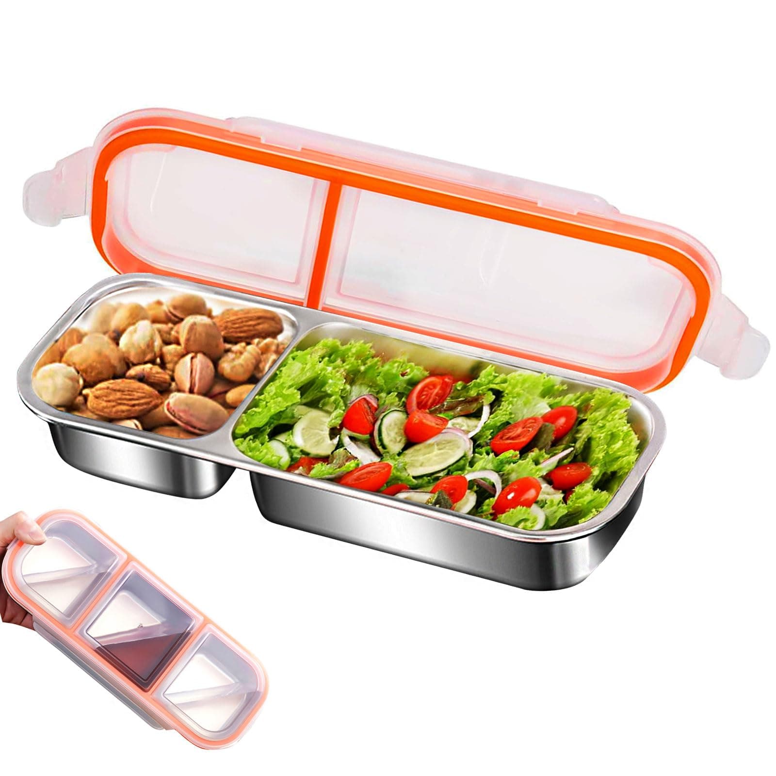 Stainless Steel Snack Containers for Kids,2 Compartments Metal Snack Pack Box with Lids, Grab and Go Divided Food Storage Containers Sauce Cups for Travel, School,Leak-Proof,1 Pack