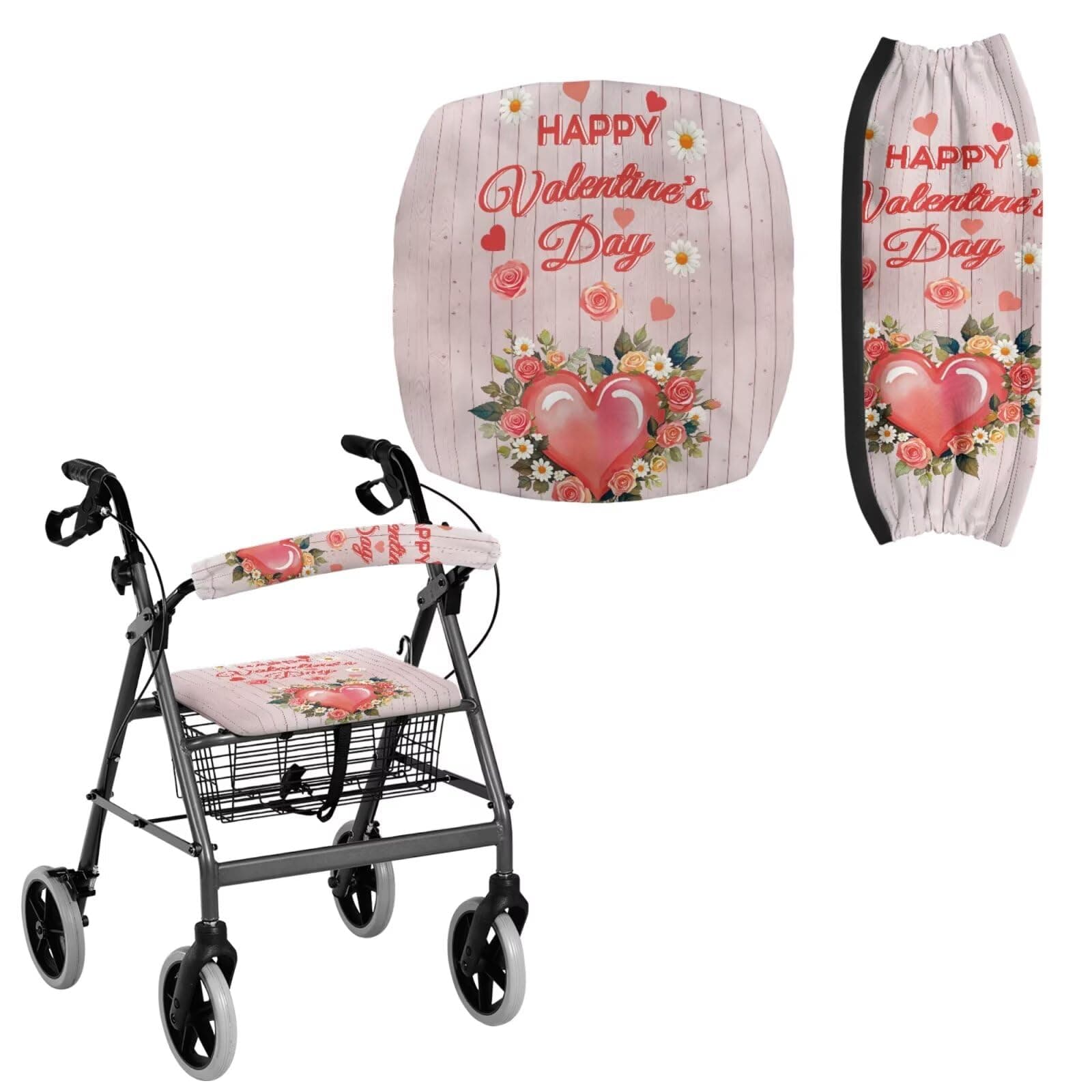 Uacyareni Valentine's Day Rollator Seat Cushion Back Bar Cover Set Rollator Walker Seat Back Covers Pink Heart Pattern Stretchy Rollator Walker Accessories