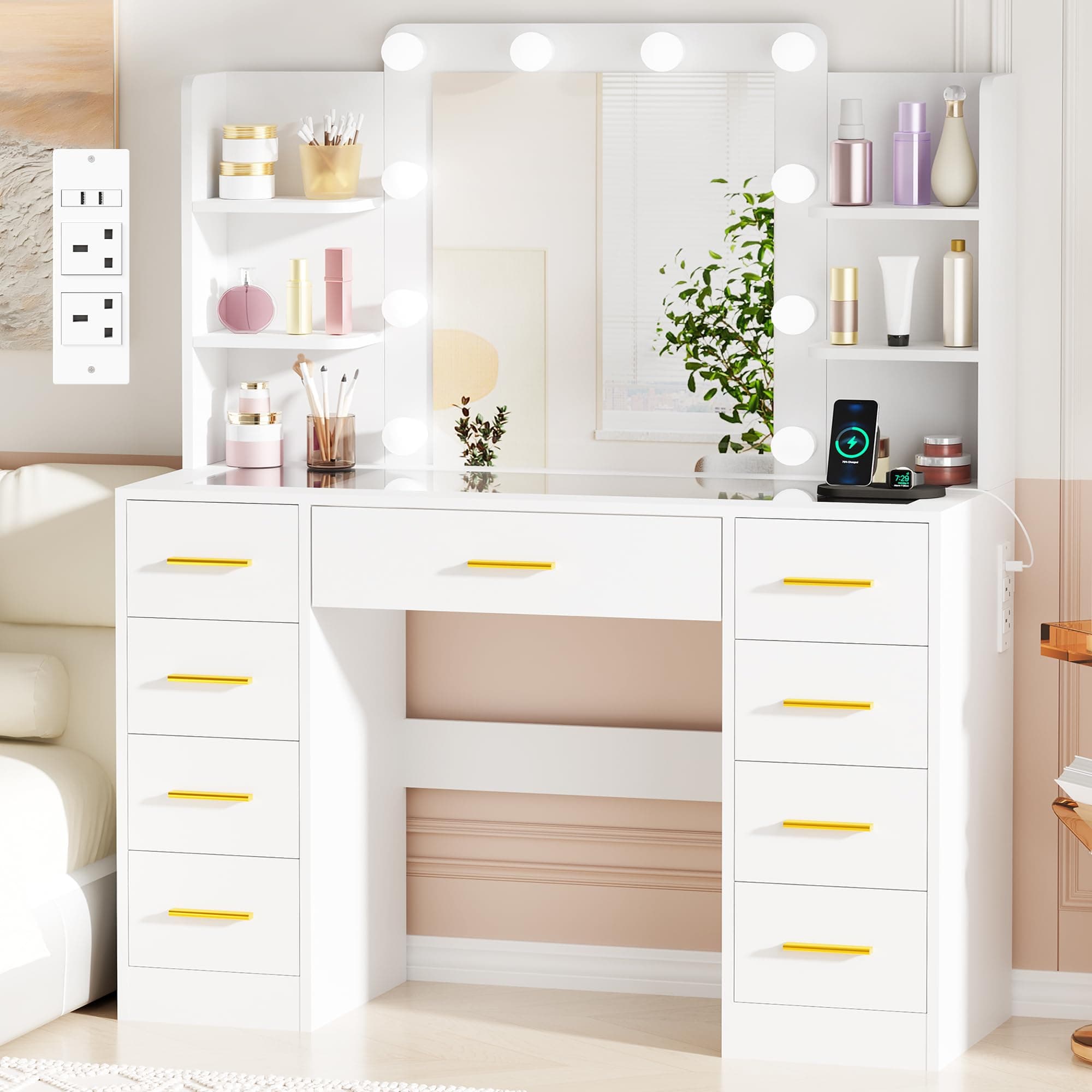 BEWISHOME Dressing Table with Mirror and LED Lights,Glass Top,Power Outlet