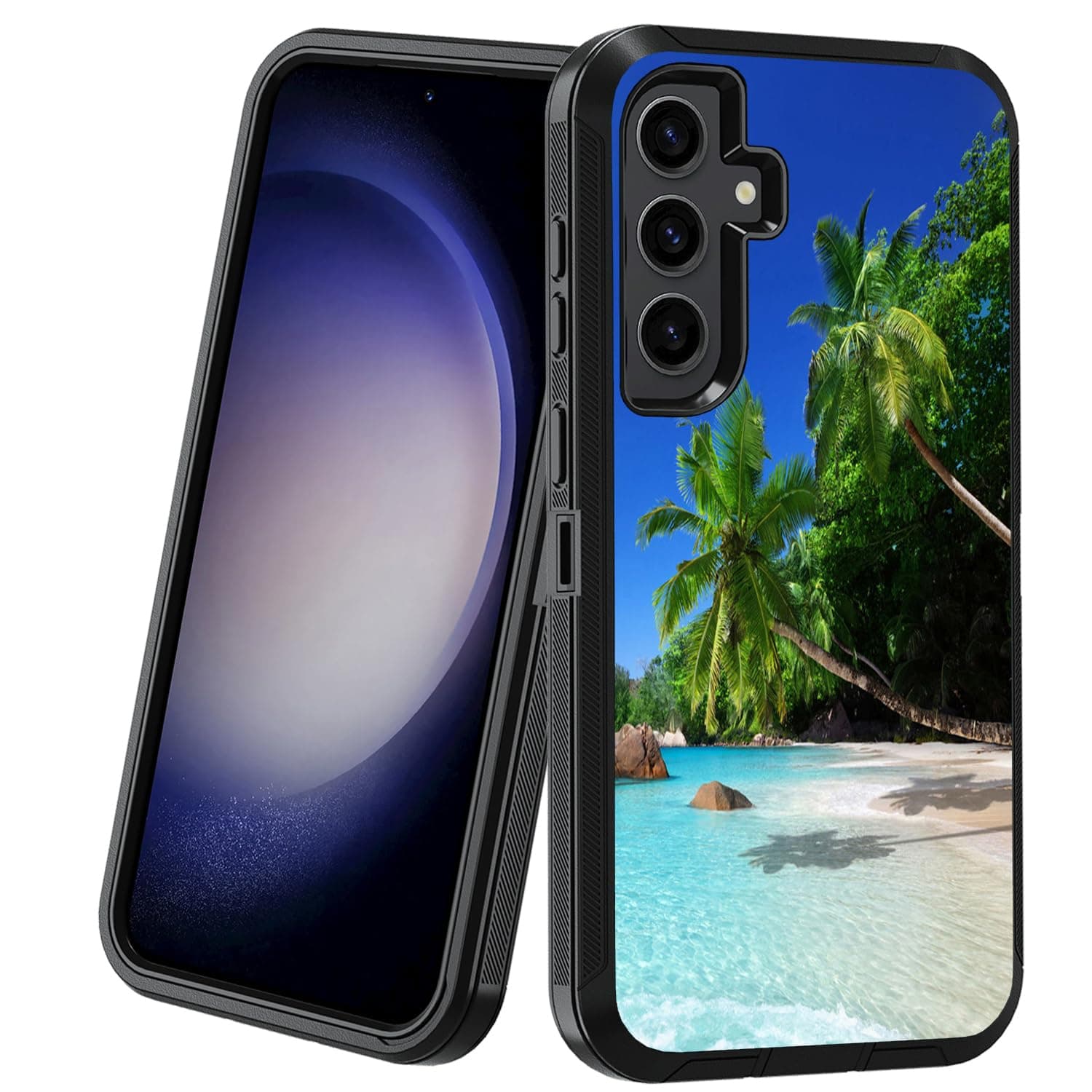 BXIKEOPIU for Samsung Galaxy S24 FE Case,Heavy Duty 3-Layer Shockproof Dust/Drop Proof Full-Body Rugged Protective Cover for Samsung Galaxy S24 FE 5G (2024),Tropical Paradise Beach and Palm Trees