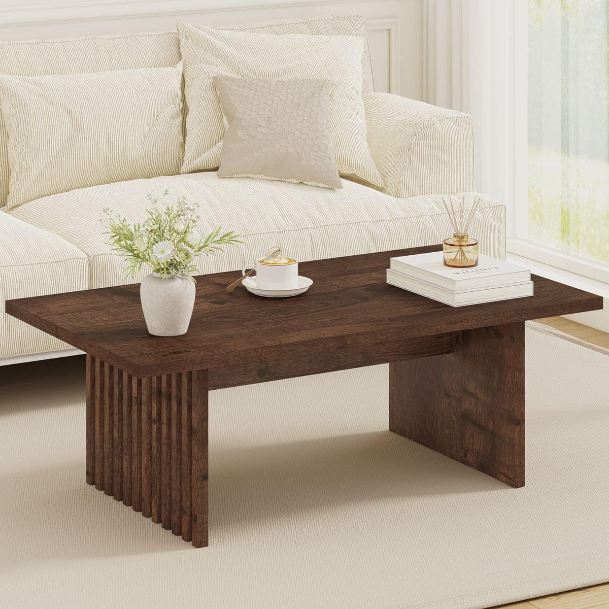 BON AUGURE 47 Inch Coffee Table, Fluted Side Panels Coffee Tables for Living Room, Large Wooden Tabletop Center Table, Farmhouse Living Room Tables for Lounge, Office, Rustic Oak