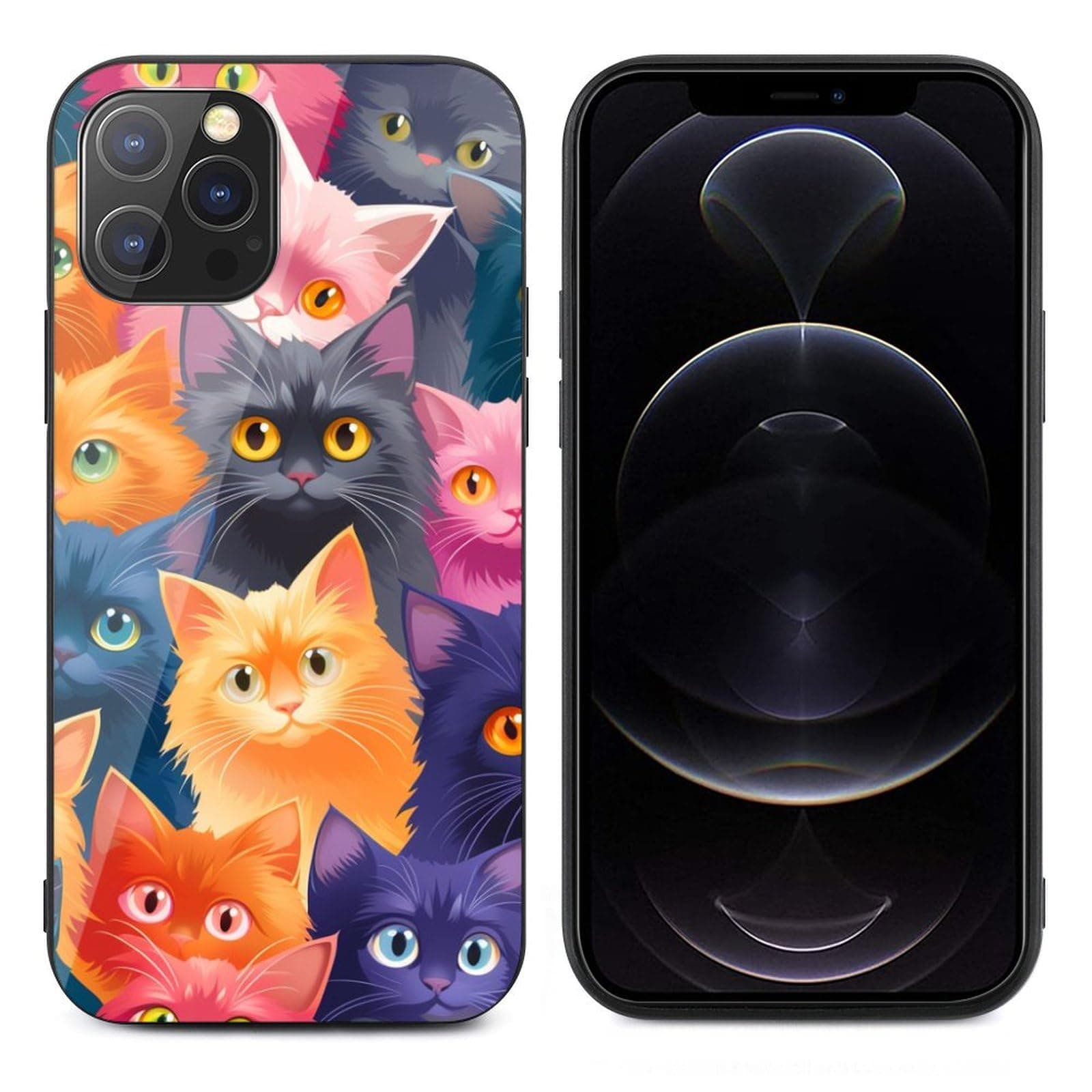 For iPhone 12Pro Max Case - All-new Group of Cats Design, Glass Back + TPU Inner Shell, Extreme Slimness, Bare-Hand Feel, Military-grade Tested, Precise Cutouts, Cell Phone Cases for Boys Girls