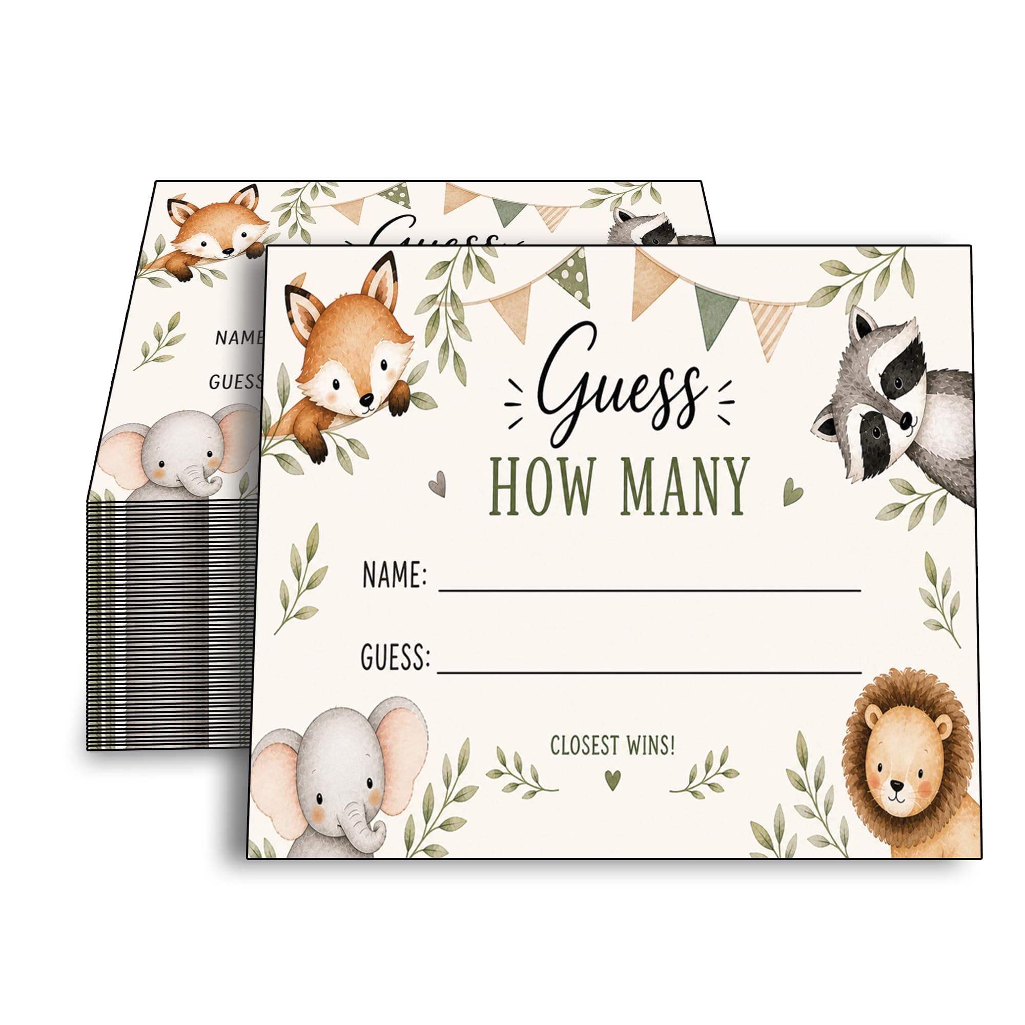 Dogleg Design Studio Guess How Many Game Cards – 100 Woodland Animal Designed Guessing Cards (3 x 2.5) – Guess How Many for Birthday, Wedding or Baby Shower