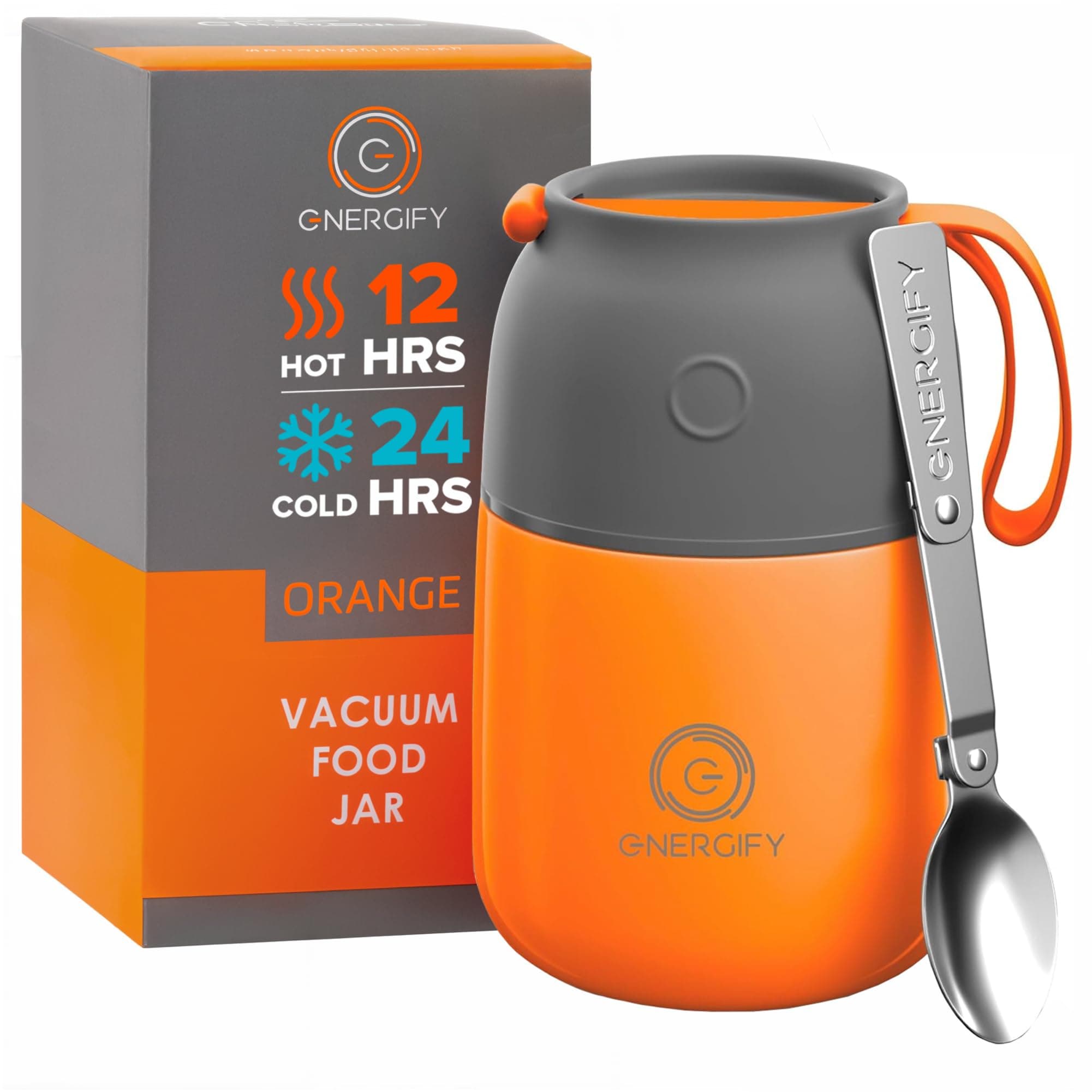Vacuum Insulated Food Jar. Bowl incl. Folding Spoon, Cup. Wide Mouth Keep Hot & Cold Drinks Soup Lunch Container for Adults. BPA-Free Stainless Steel, Leak Proof Orange, 17oz