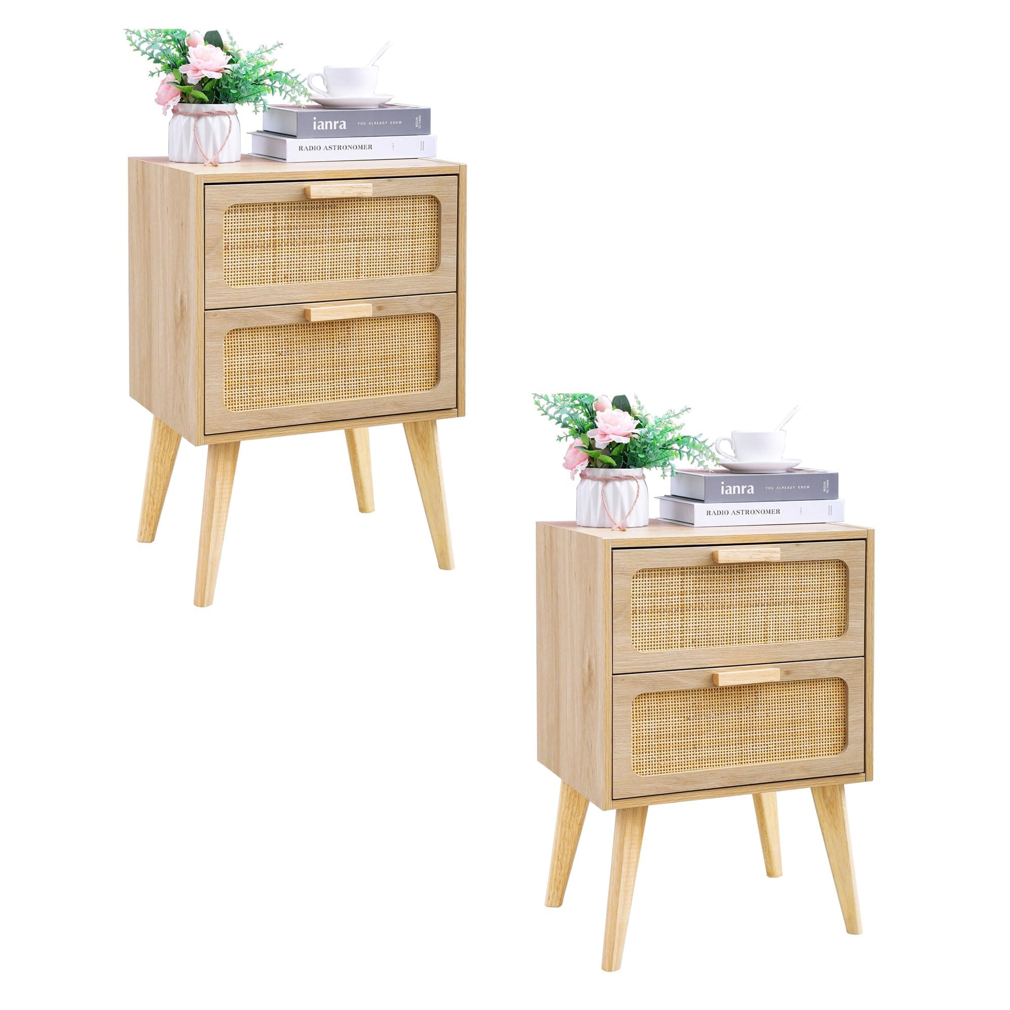 YAUKOMEL Rattan Nightstand Set of 2, Wood End Table Natural