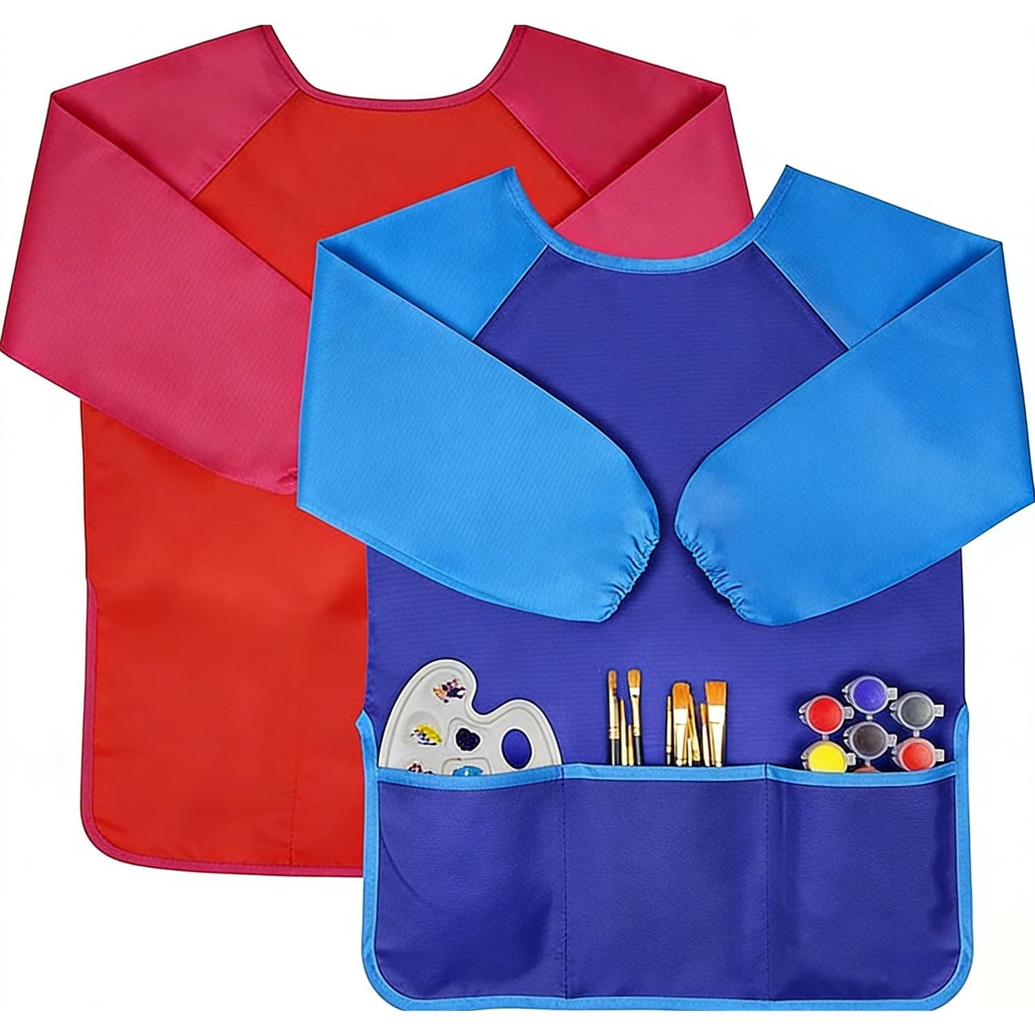 Jolik 2 Pack Kids Art Smocks Children Waterproof Artist Painting Aprons with Long Sleeve and 3 Pockets
