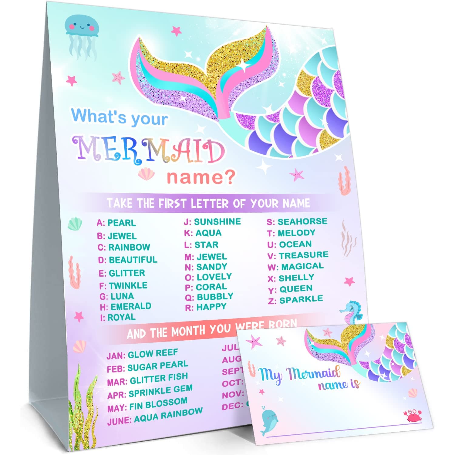 What is Your Mermaid Name Game, Game Sign and 30 Cards, Mermaid Birthday Party Sign for Girls, Wedding, Anniversary, Holiday Activity, Kids Mermaid Activity Cards
