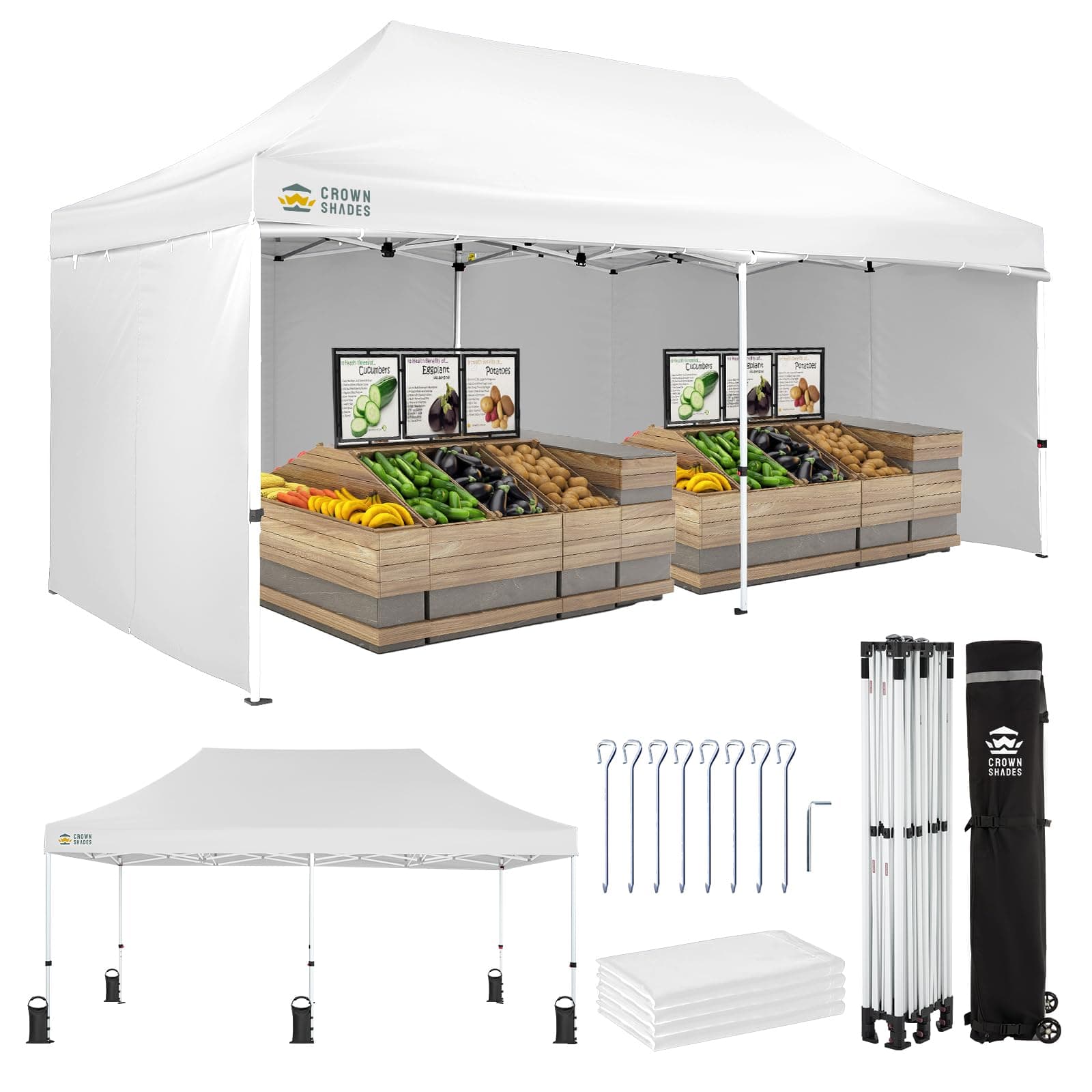 CROWN SHADES 10x20 Commercial Instant Pop Up Canopy with 4 Sidewalls, White