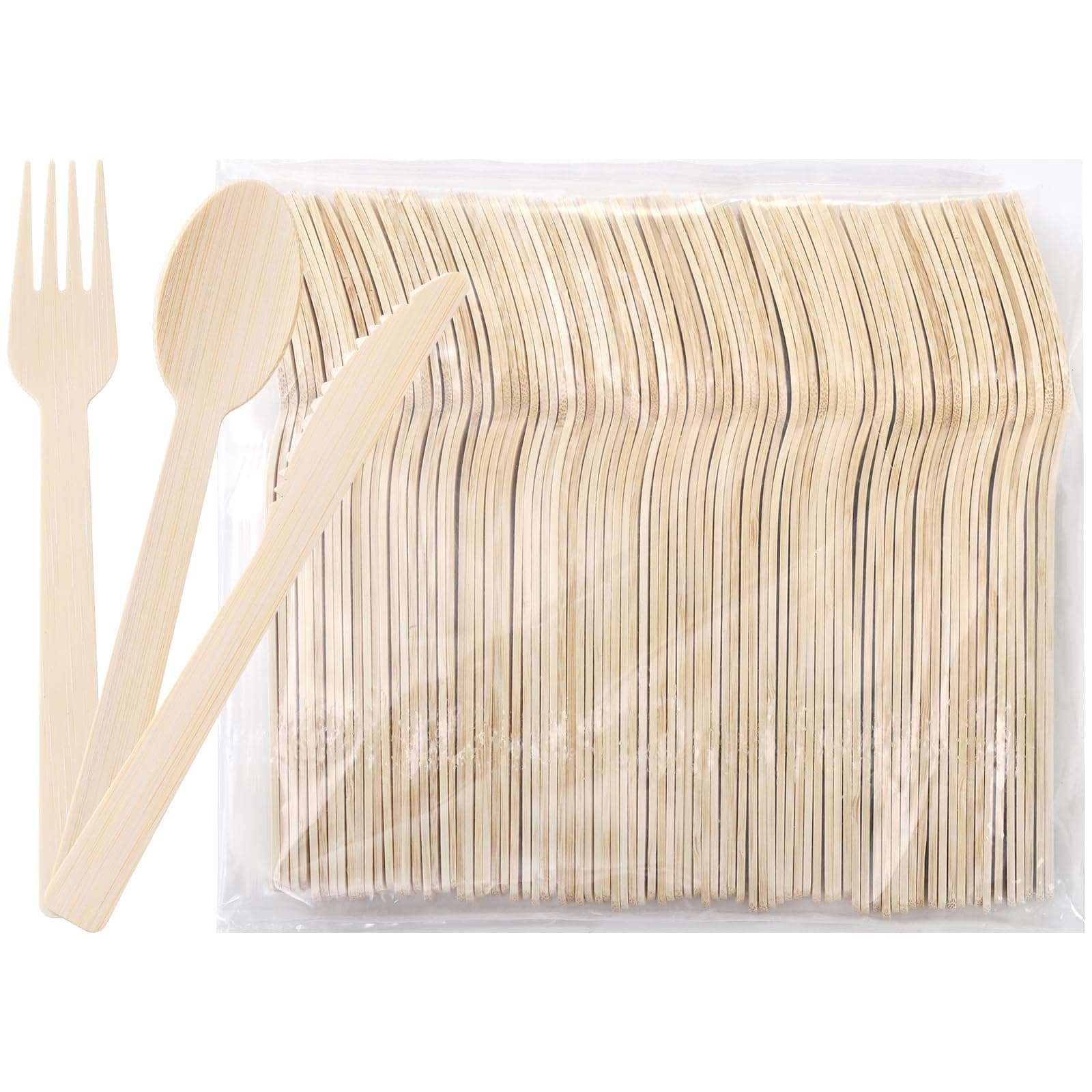Hedume Set of 300 Natural Bamboo Utensils (100 Forks, 100 Spoons, 100 Knives) Disposable Bamboo Cutlery, Biodegradable and Compostable Bamboo Flatware for Wedding, Camping, Picnic, Party