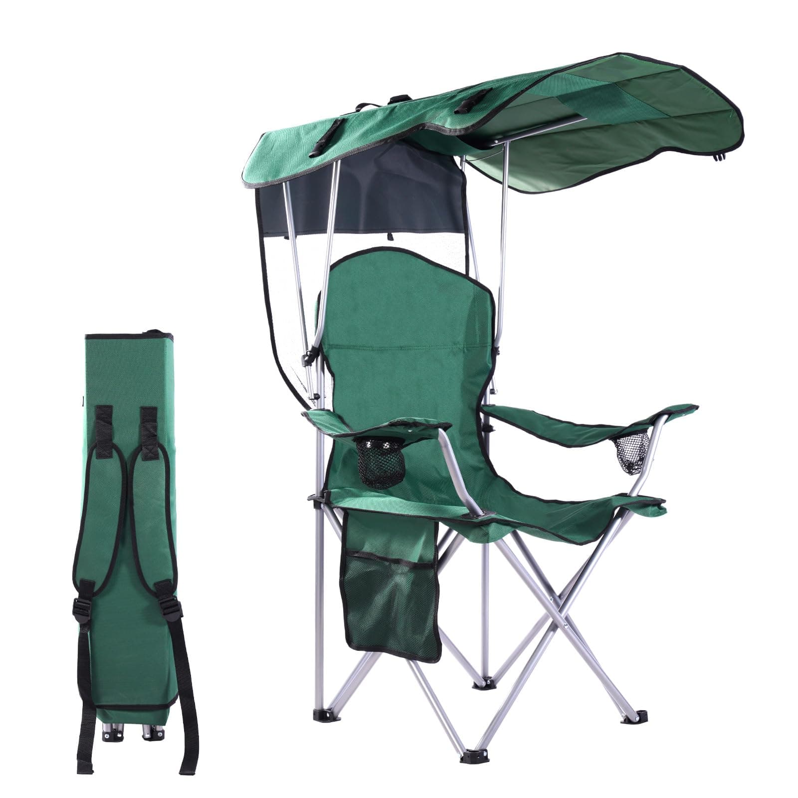 VTOY Portable Camping Chair with Canopy - Folding Chair with Canopy, Durable 600D Oxford Canopy Chair for Camping, Beach, Picnics, Fishing & Sports (1 Pack Green)