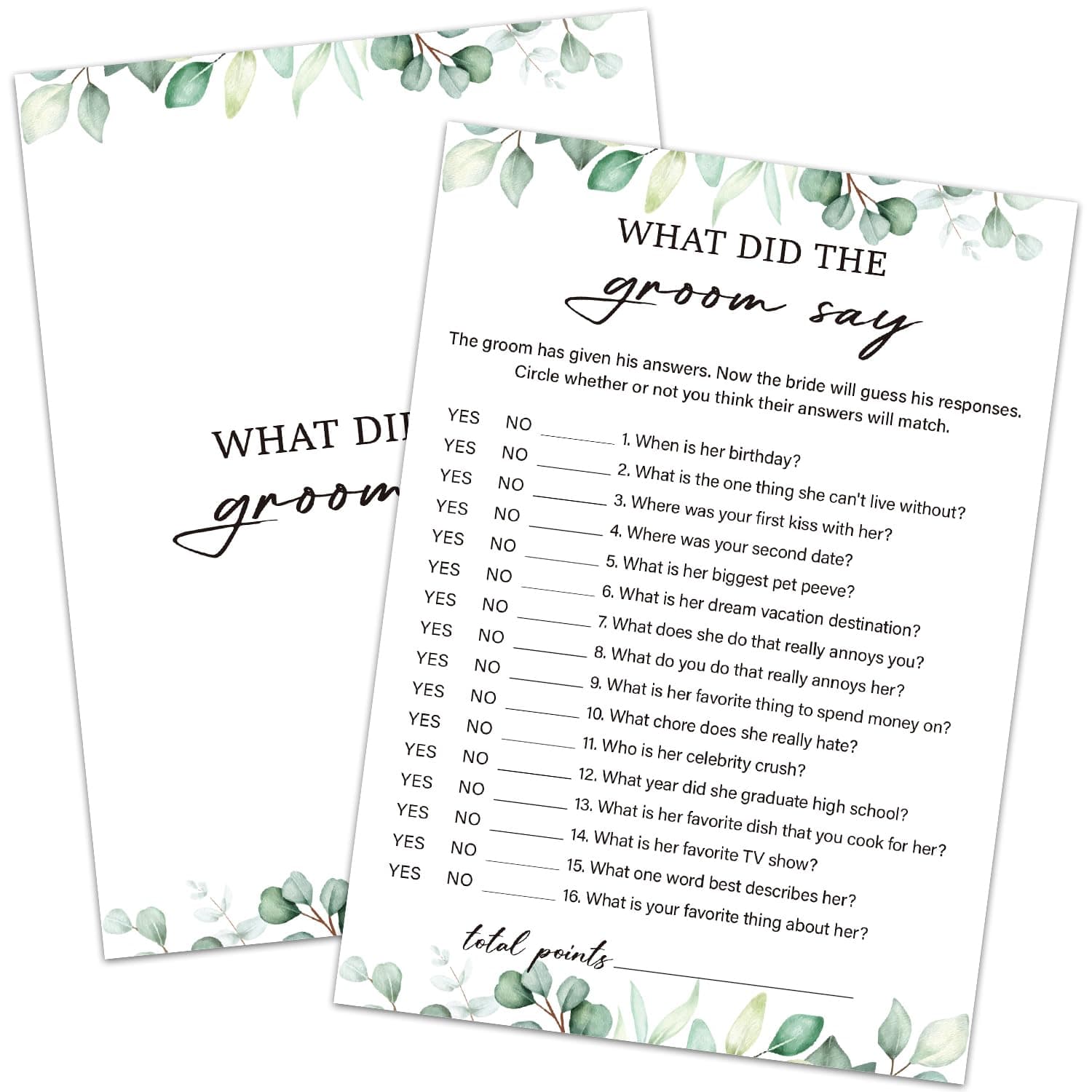 HQLOW 30 Pcs What Did The Groom Say Game Wedding Shower Games, Bridal Shower Games 30 Guests for Engagement Wedding Party, Bridal Games for Showers (Eucalyptus Botanical Style) -0011