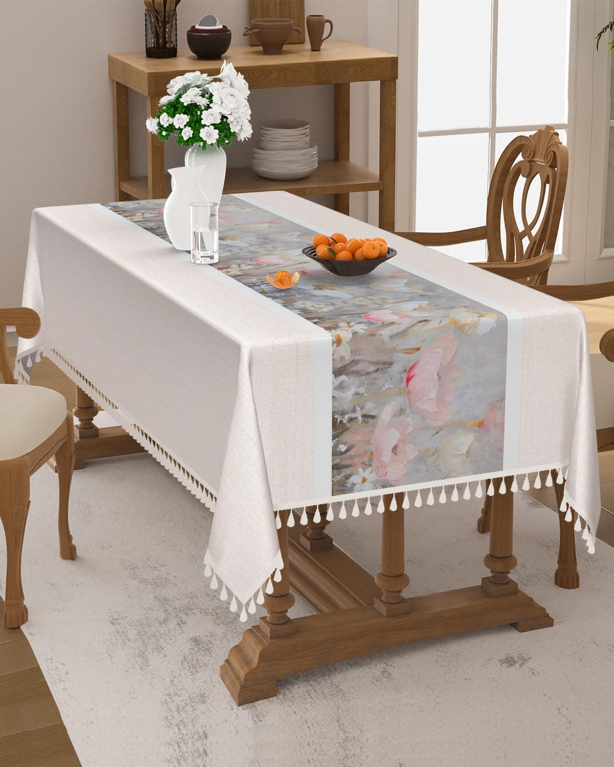 Xiazhilaio Farmhouse Rectangle Tablecloth 55"x102" with Tassels, White Pink Floral Printed Design, Beige Waterproof Table Cloth, for Kitchen Dining Room Patio or Outdoor