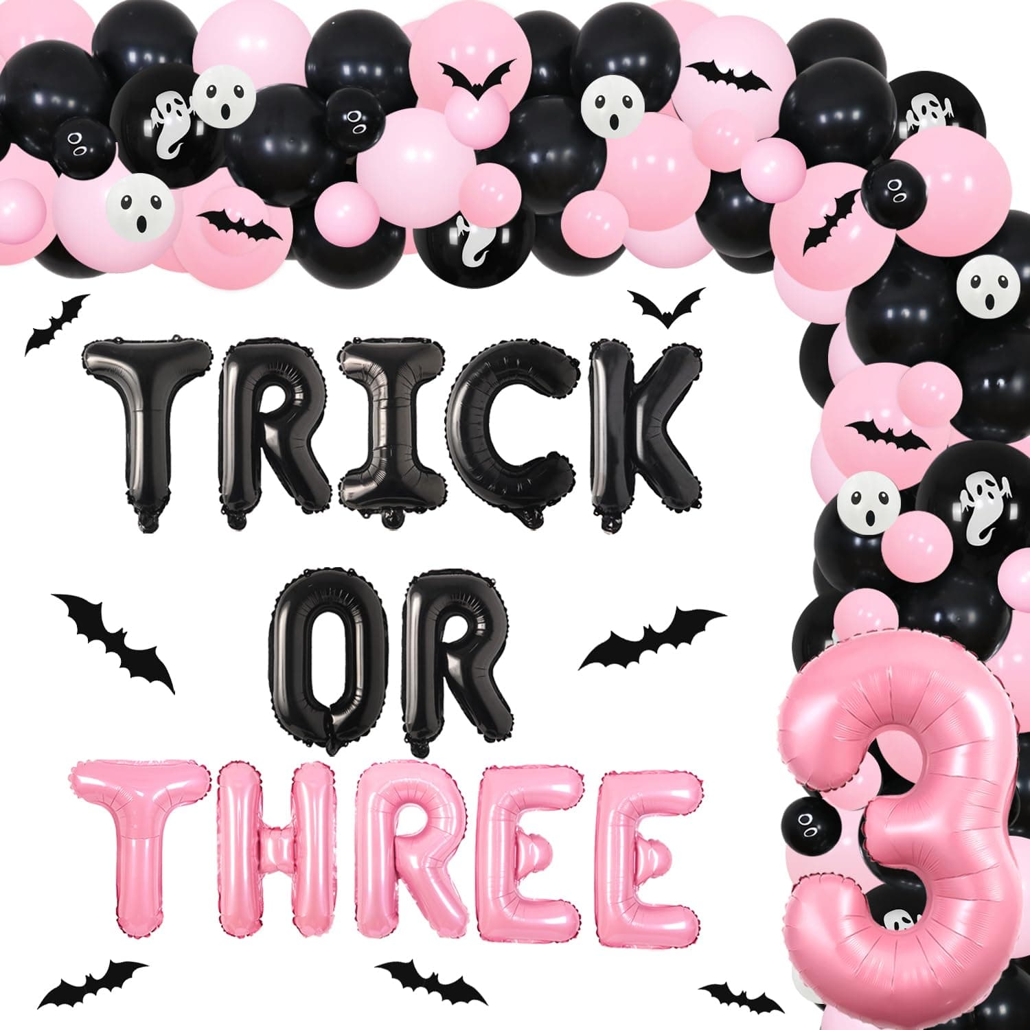95Pcs Trick or Three Themed Halloween 3rd Birthday Party Decorations Pink Black Number 3 Balloon Garland Arch Kit 3D Bat Wall Stickers for Girls Halloween Three Birthday Party Decor Supplies