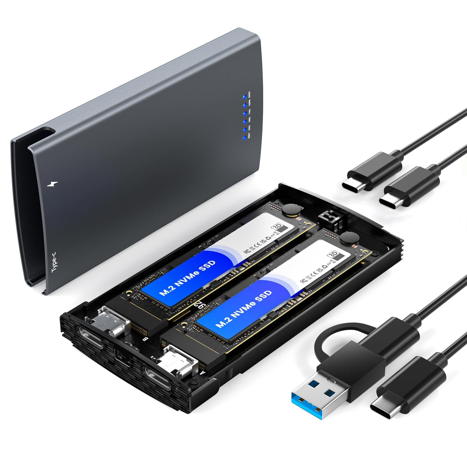 Dual Bay Raid SSD Enclosure, 20Gbps M.2 NVMe SSD Enclosure with Clone Mode & Raid 0/1 & JBOD Mode, Compatible to NVMe & SATA, Offline Duplicator