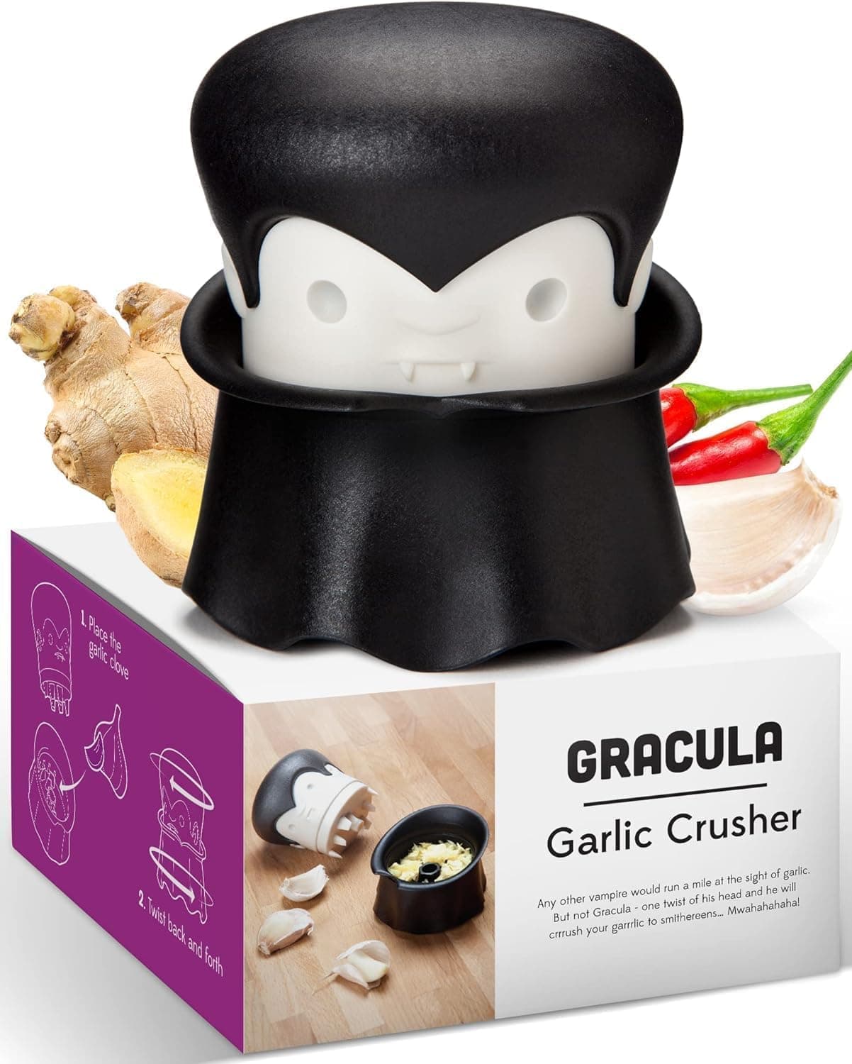 OTOTO Gracula Garlic Press, Garlic Mincer, Garlic Peeler Crusher, Halloween Kitchen - Also for Ginger, Nuts, Chili, Herbs - Spooky Goth Gifts, Vampire Mincer Easy Squeeze Manual Press, Dracula Gifts