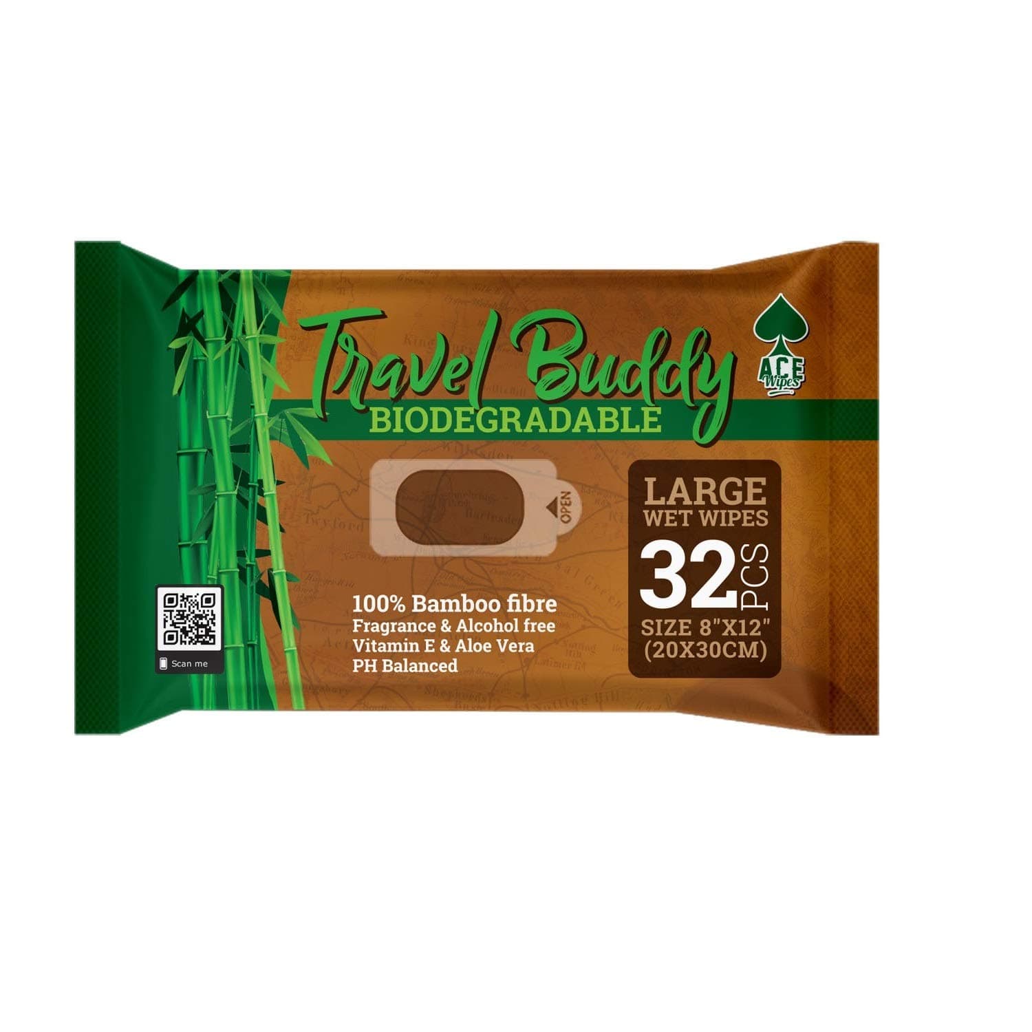 Ace Travel Buddy Large Body Wet Wipes - No Rinse Bath Or Shower Bamboo Wipe - Gym, Travel, Camping, Backpacking, Hiking, Pets, Festival Essentials/Accessories, 32 Wipes(8"X12"/20X30CM)