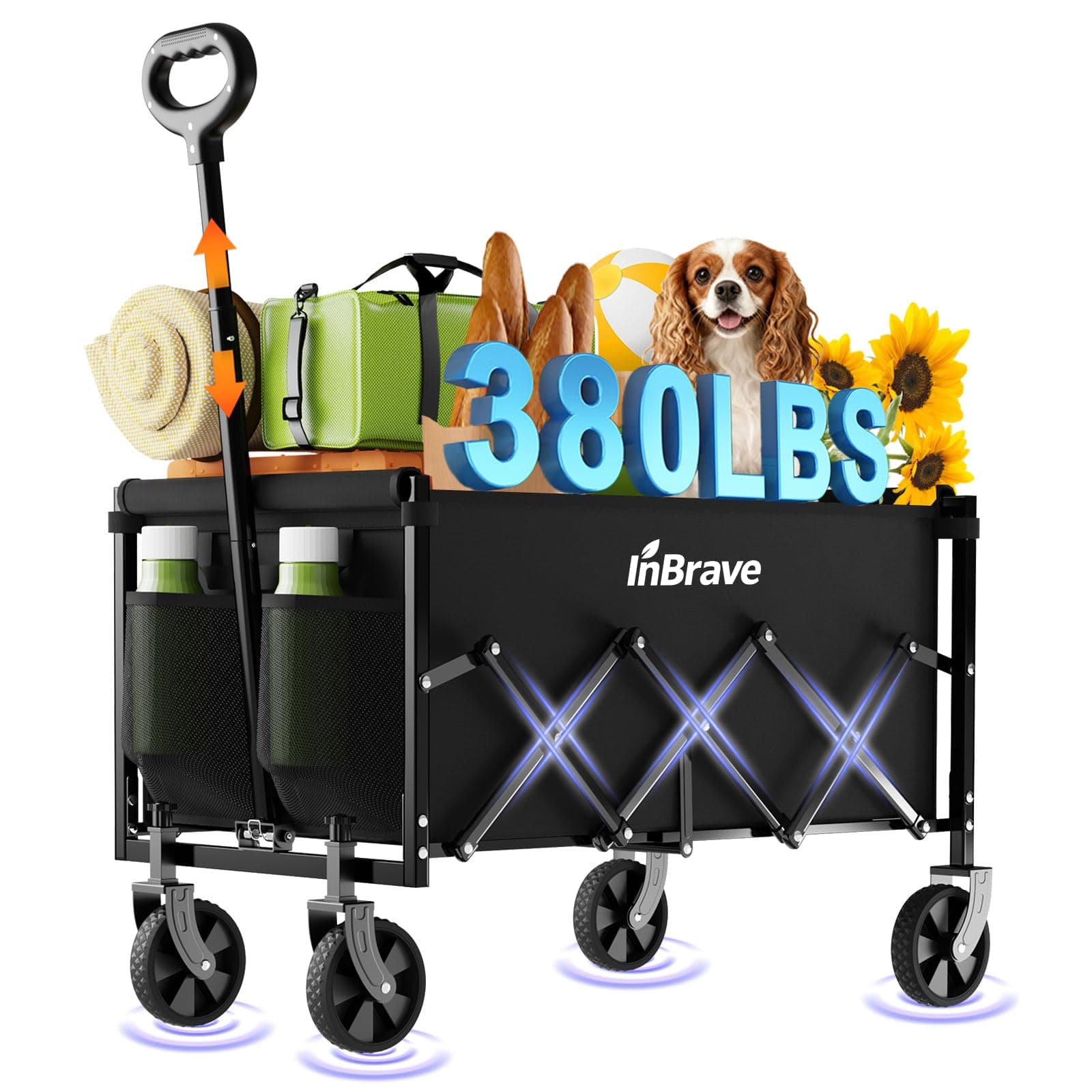 InBrave Folding Wagon Cart with All-Terrain Wheels, 380LBS Capacity Collapsible Wagon, Portable Lightweight Utility Wagon for Camping, Beach Days, Picnics & Grocery Shopping (Black)
