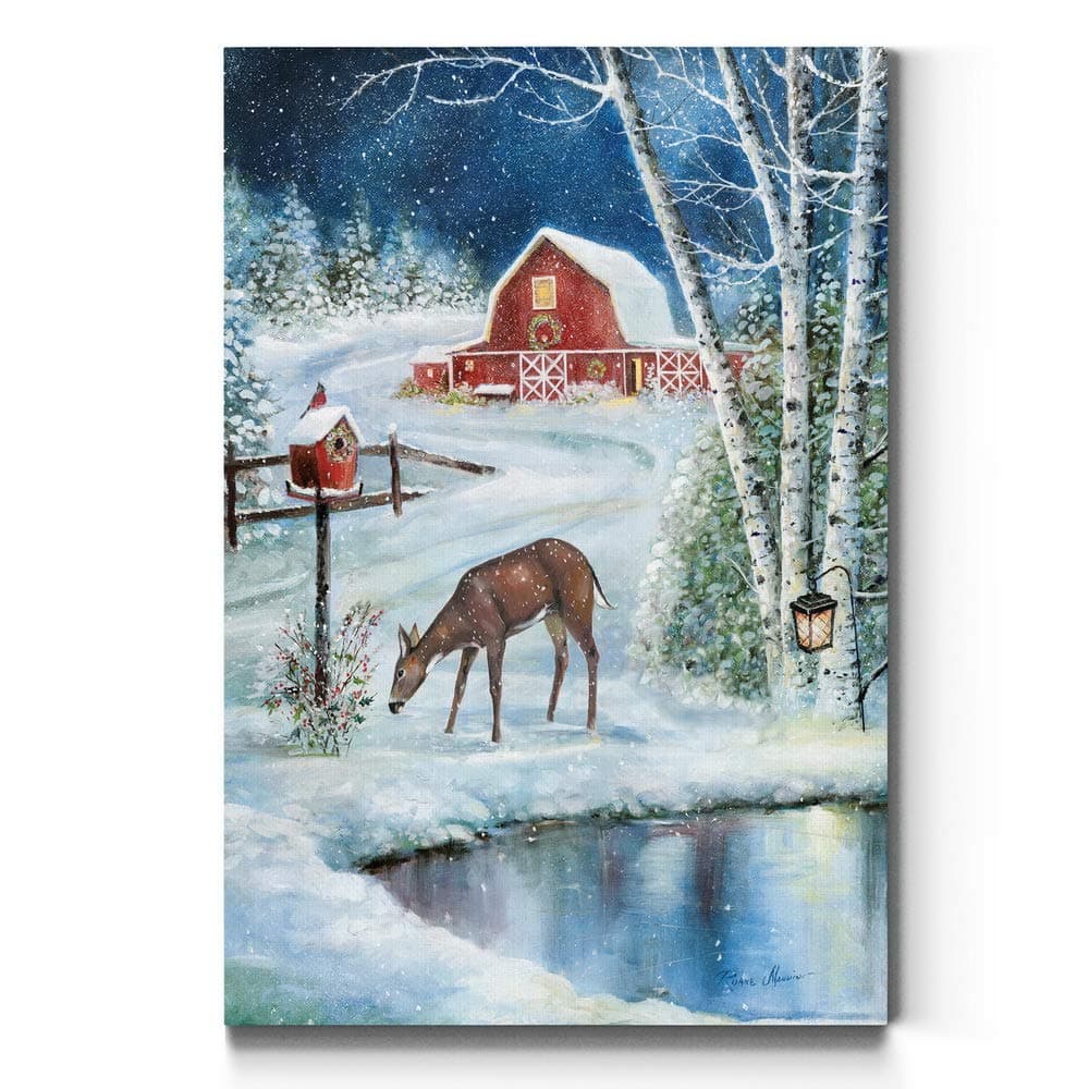 Renditions Gallery Grazing Deer Wall Art, Christmas Decorations, Beautiful Country Snow Covered Red Barn Decor, Premium Gallery Wrapped Canvas Decor, Ready to Hang, 12 in H x 18 in W, Made in America